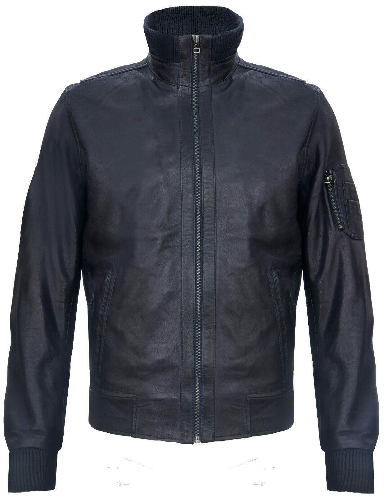 Infinity Leather Men's Leather Varsity Bomber Jacket-Adana - Navy - Uk 4XL | Eu 58 | Us 48