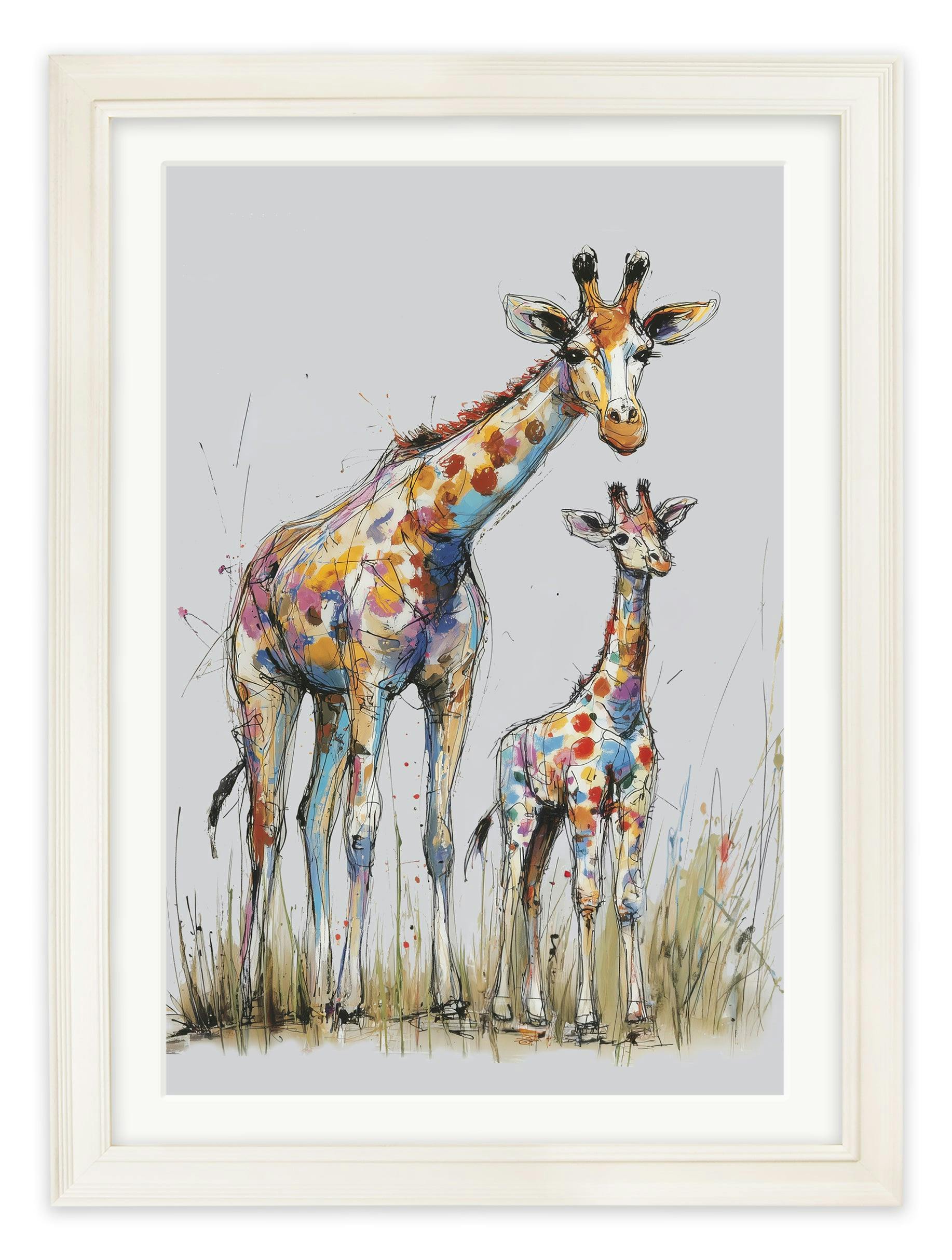 Rackhams Cream Family Of Giraffes Cosy Sketch - Hurstwood Frame - Family Of Giraffes Cosy Sketch - 70 X 95Cm (A1)