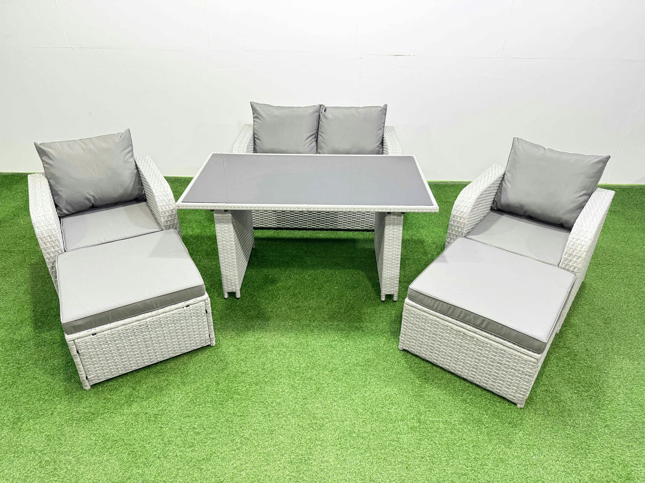 Rackhams Dark/Grey Outdoor Rattan Garden Furniture Dining Set 6 Seater Patio Rectangular Table Love Sofa Reclining Chair Set With 2 Big Stools