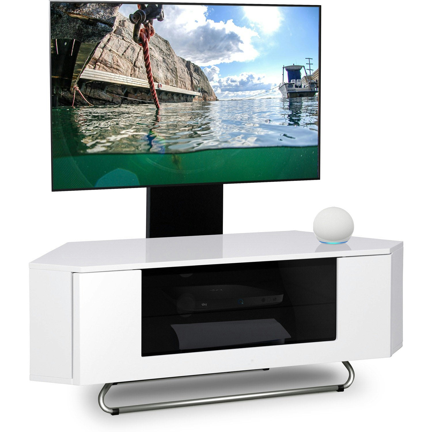 Centurion Supports White Hampshire Corner-Friendly Gloss With Contrast Beam-Thru Remote Friendly Door 26"-50" Flat Screen Tv Cabinet With Mounting Arm