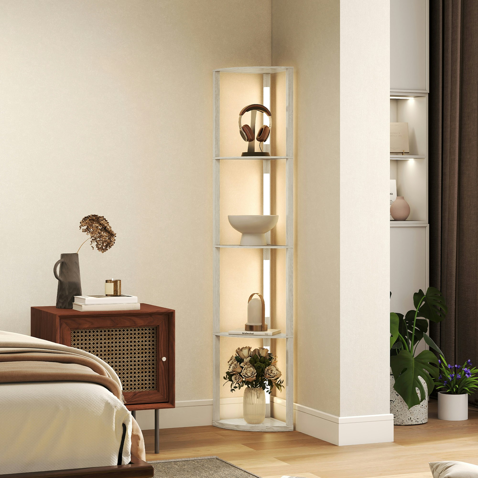 Homcom White/Light Corner Floor Lamp With Dimmable Warm Led Oak - Oak