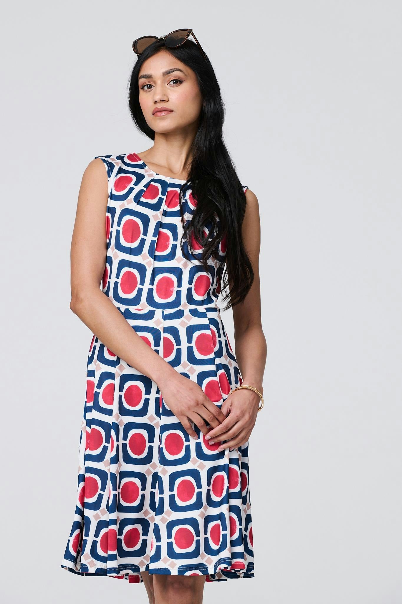 Izabel London Blue Abstract Print Sleeveless Knee Length Dress - M