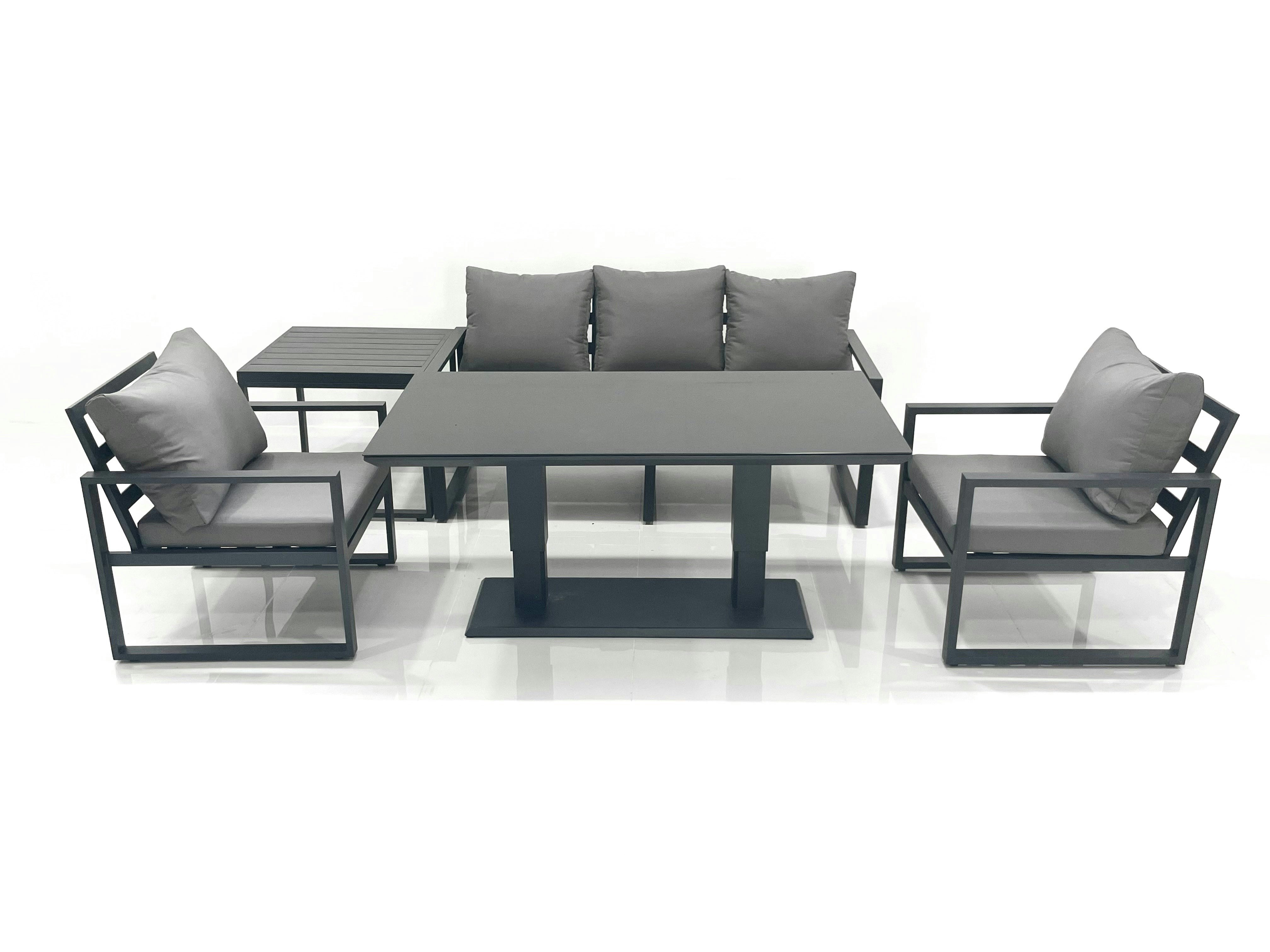 Rackhams Dark/Grey Outdoor Aluminium Garden Furniture Set With Adjustable Rising Lifting Dining Table 3 Seater Sofa 2 Chair Side Table