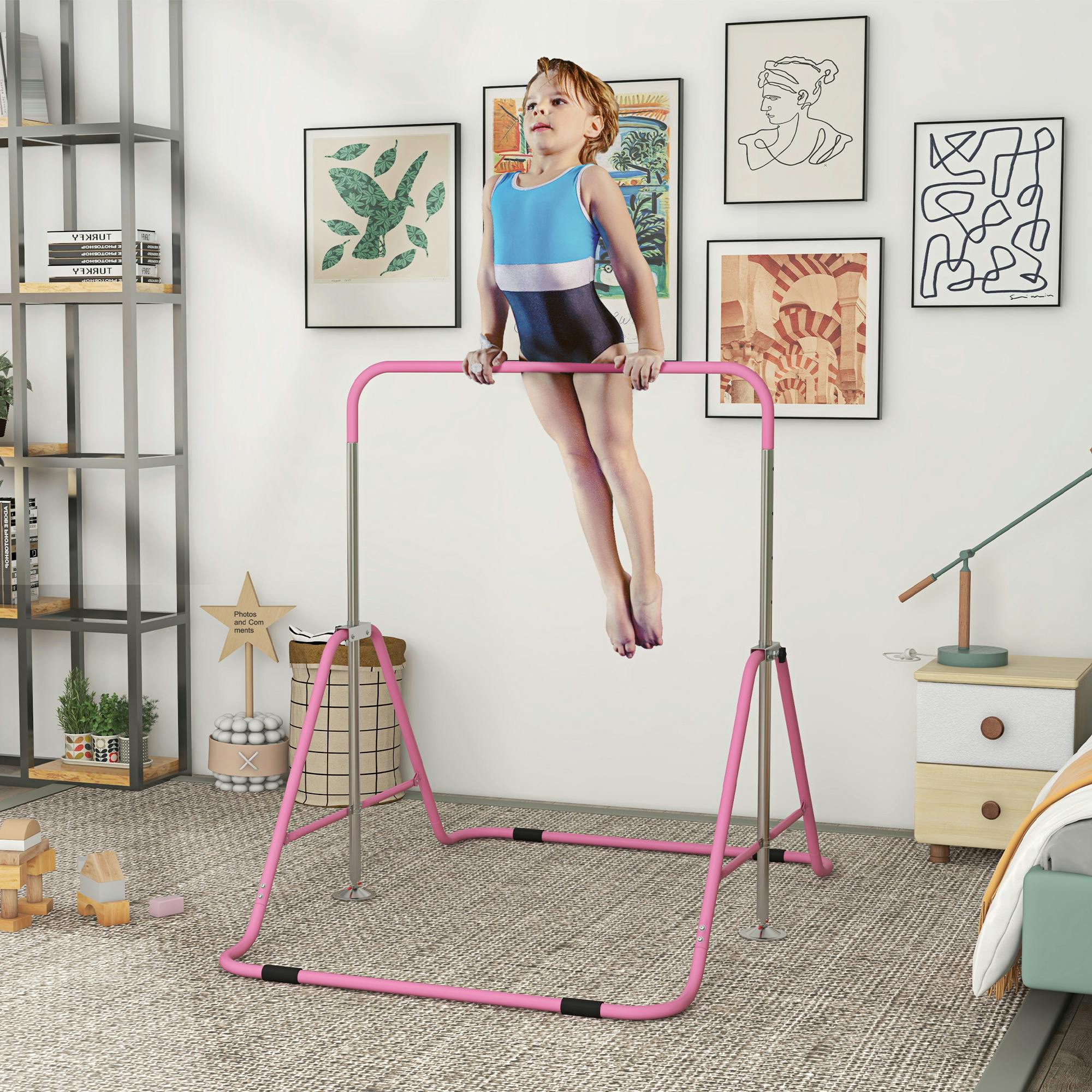 Homcom Pink Kids Gymnastic Bar W/ Adjustable Height, Foldable Training Bar