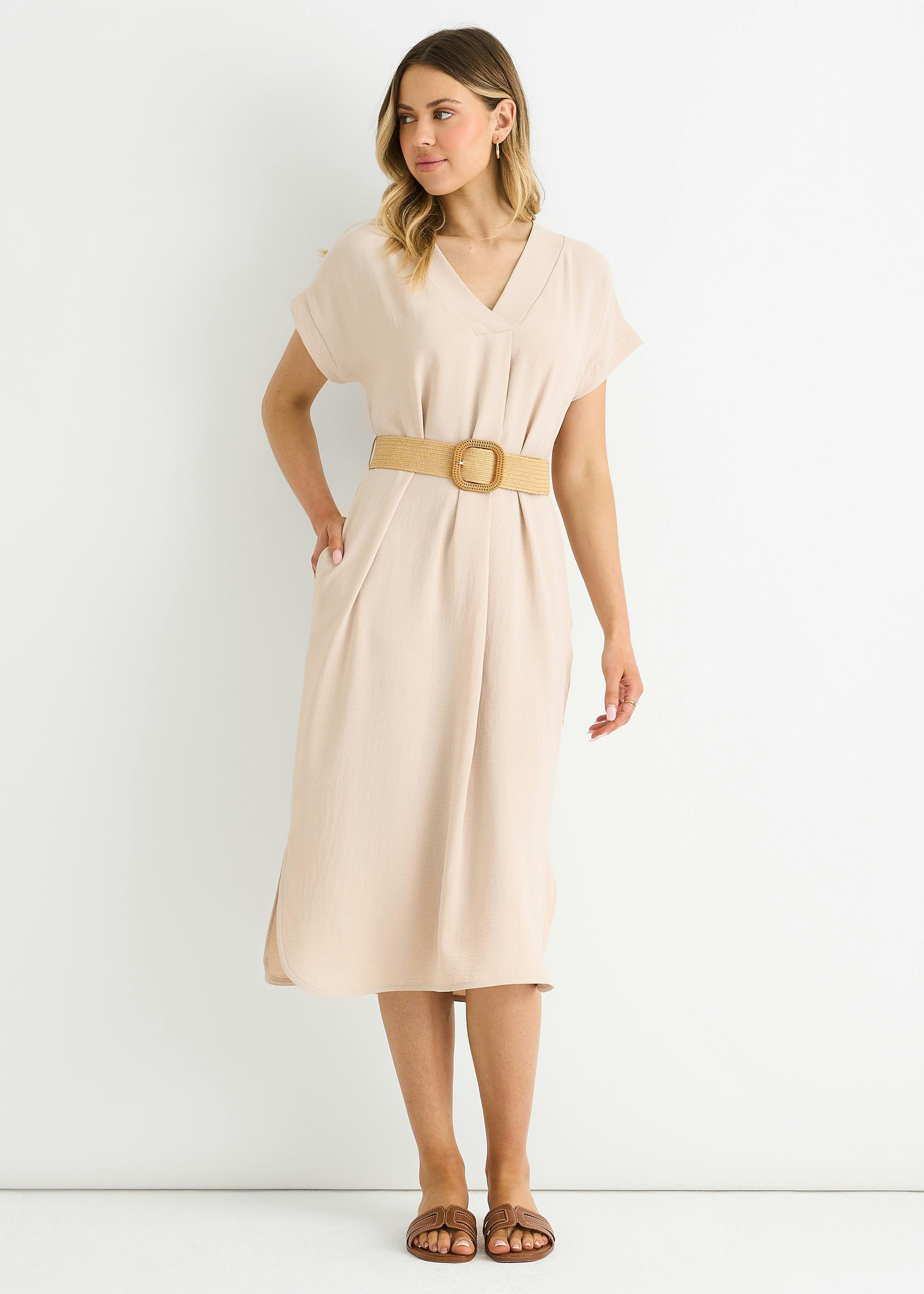 Gini London Beige Air Flow Belted Oversized Dress - Image 3