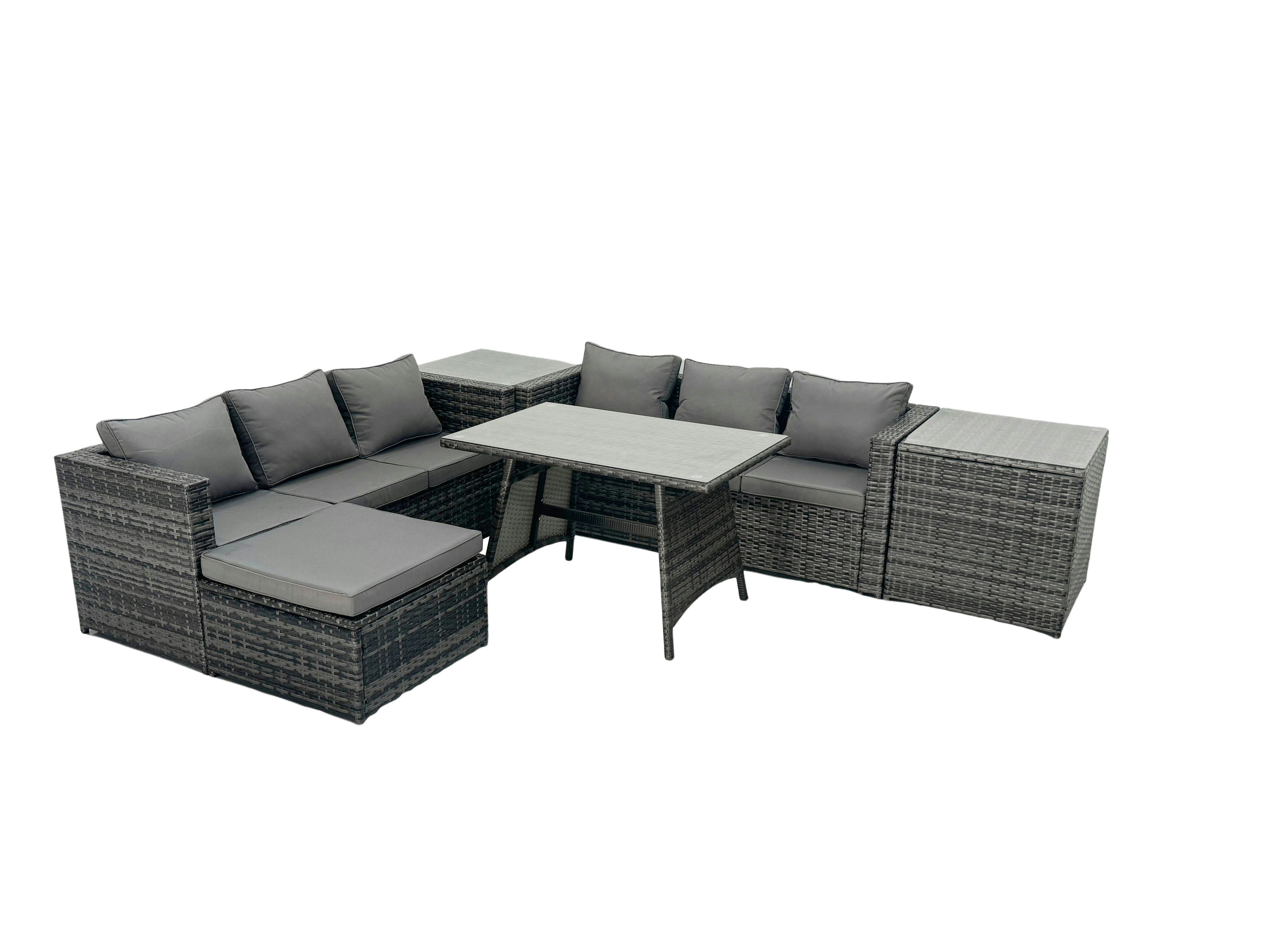 Rackhams Dark/Grey Rattan Dining Table Sofa Set With 2 Side Tables Big Footstool Outdoor Garden Furniture Set Mixed