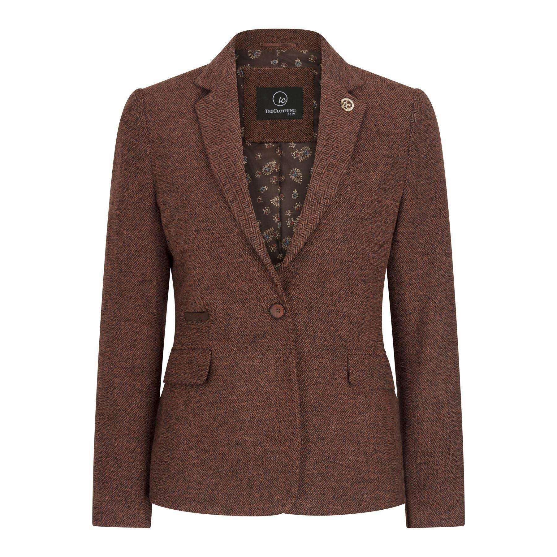 Truclothing Women's Brown Rust Herringbone Wool Tweed Check Blazer - Rust - Uk 2XL/18 | Eu 44 | Us 14