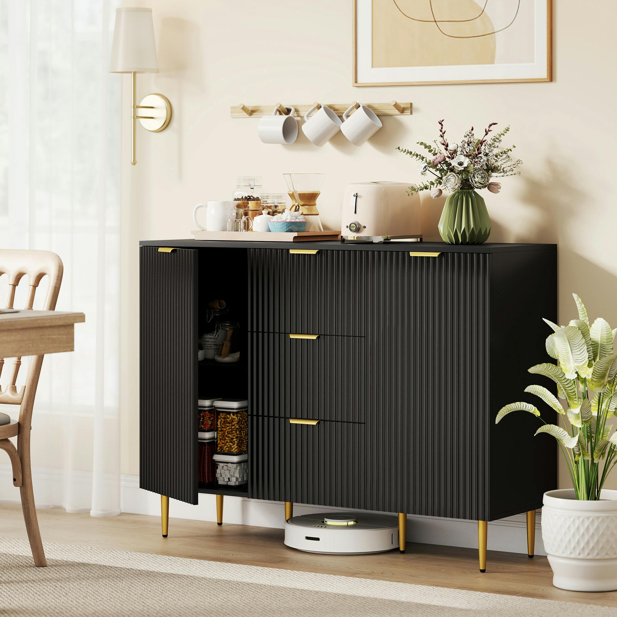 Rackhams Black Sideboard Buffet Cabinet W/ 3 Drawers And Adjustable Shelves,