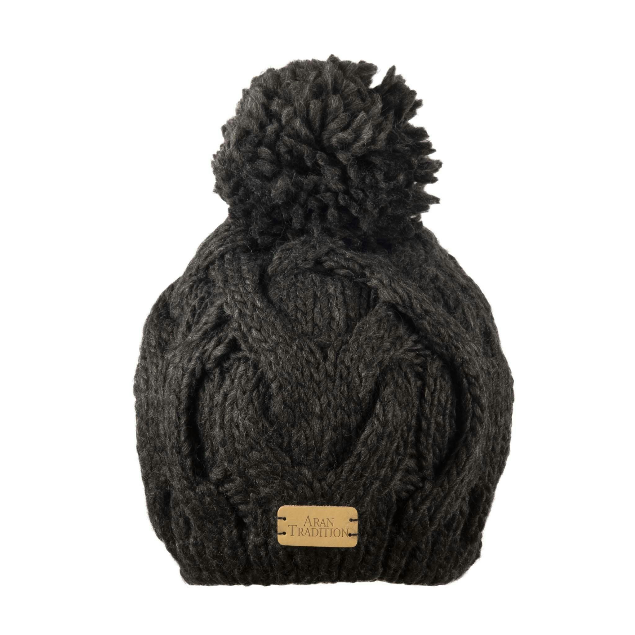Aran Traditions Grey Twist Cable Pom Pom Hat - Charcoal