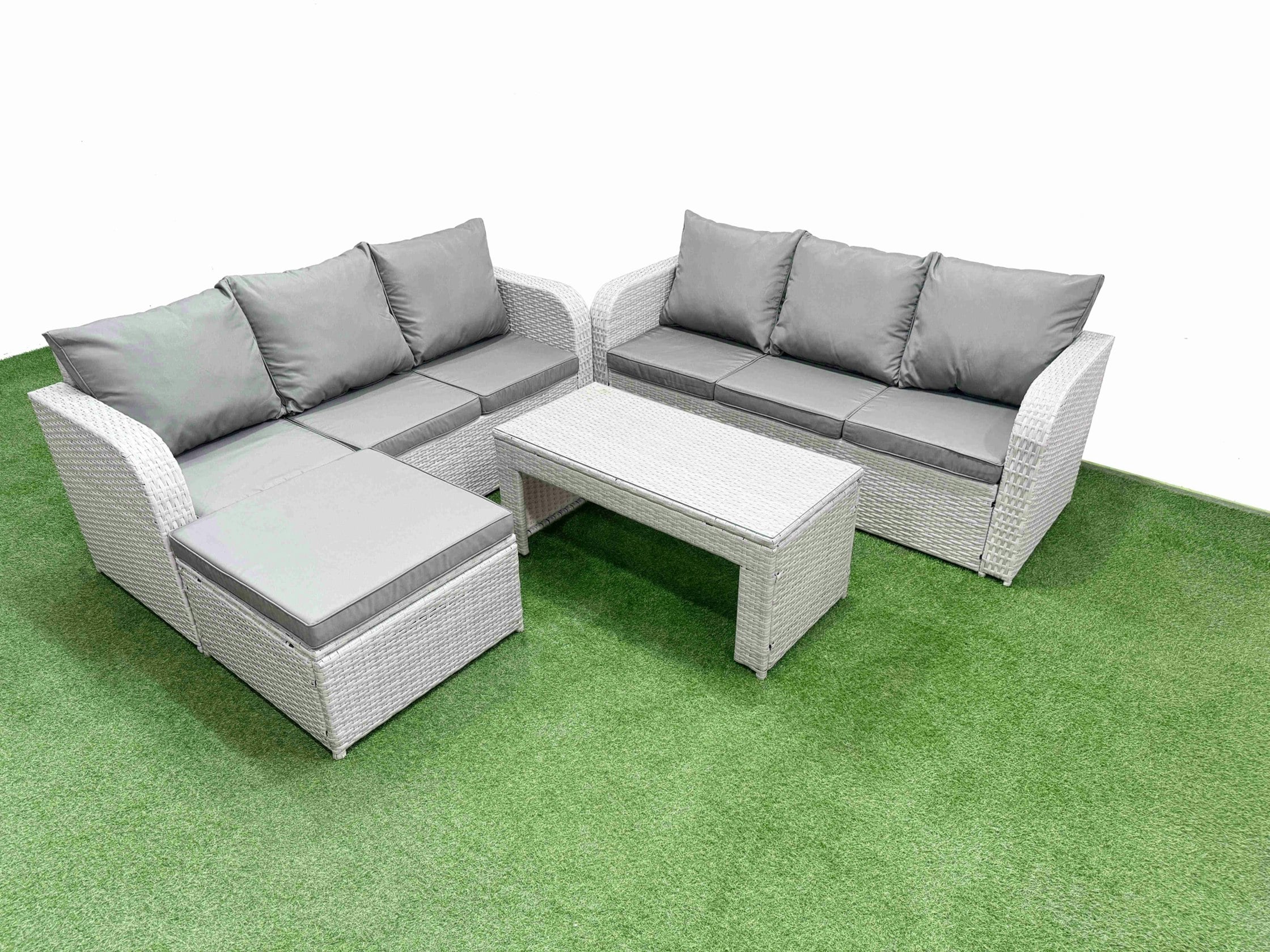 Fimous Light/Grey 7-Seater High Back Rattan Garden Sofa Set - Wicker Outdoor Furniture With Oblong Coffee Table & Big Footstool