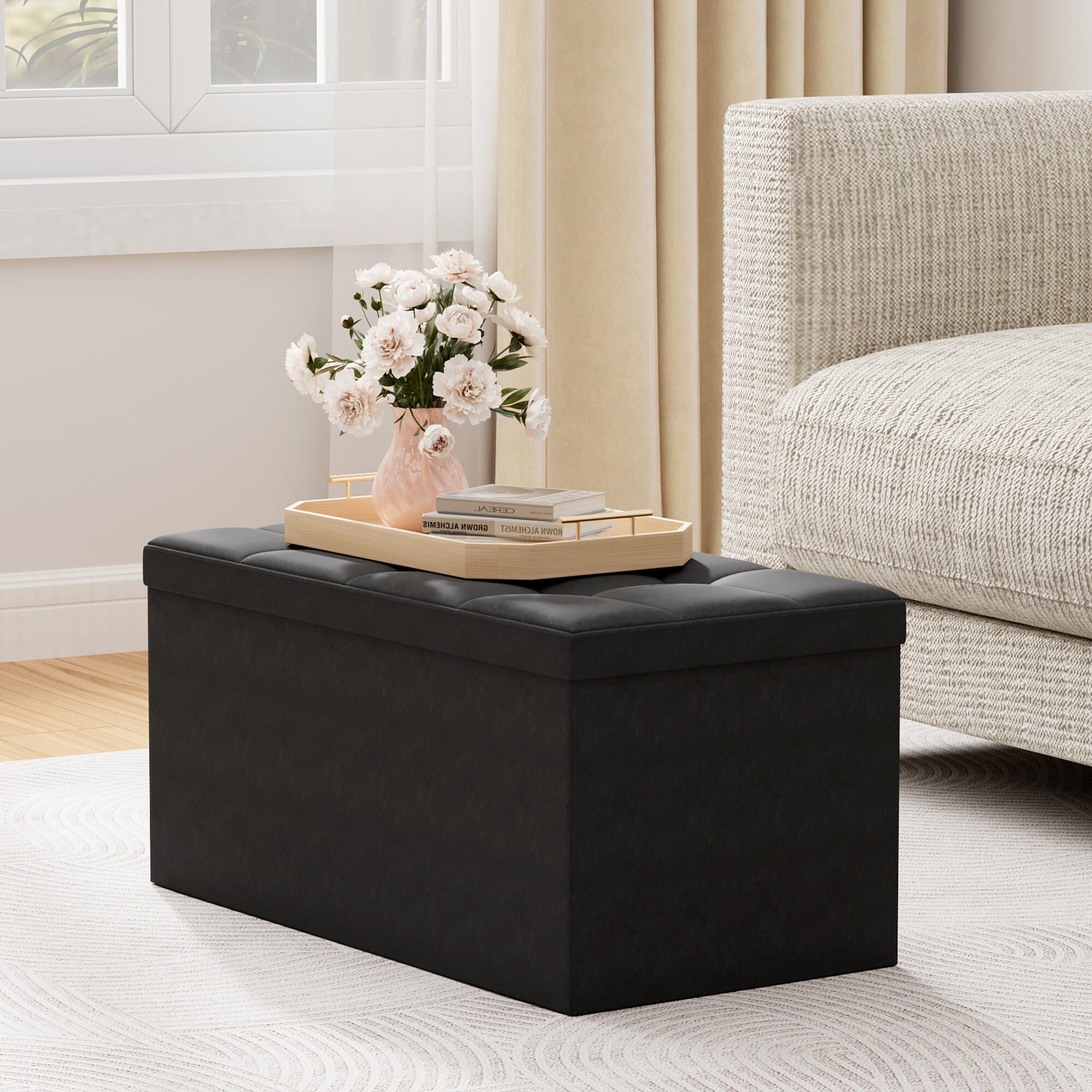Mcc Direct Unisex Black 76Cm Rectangular Ottoman Foldable Storage Bench Upholstered Foot Rest In - Image 3