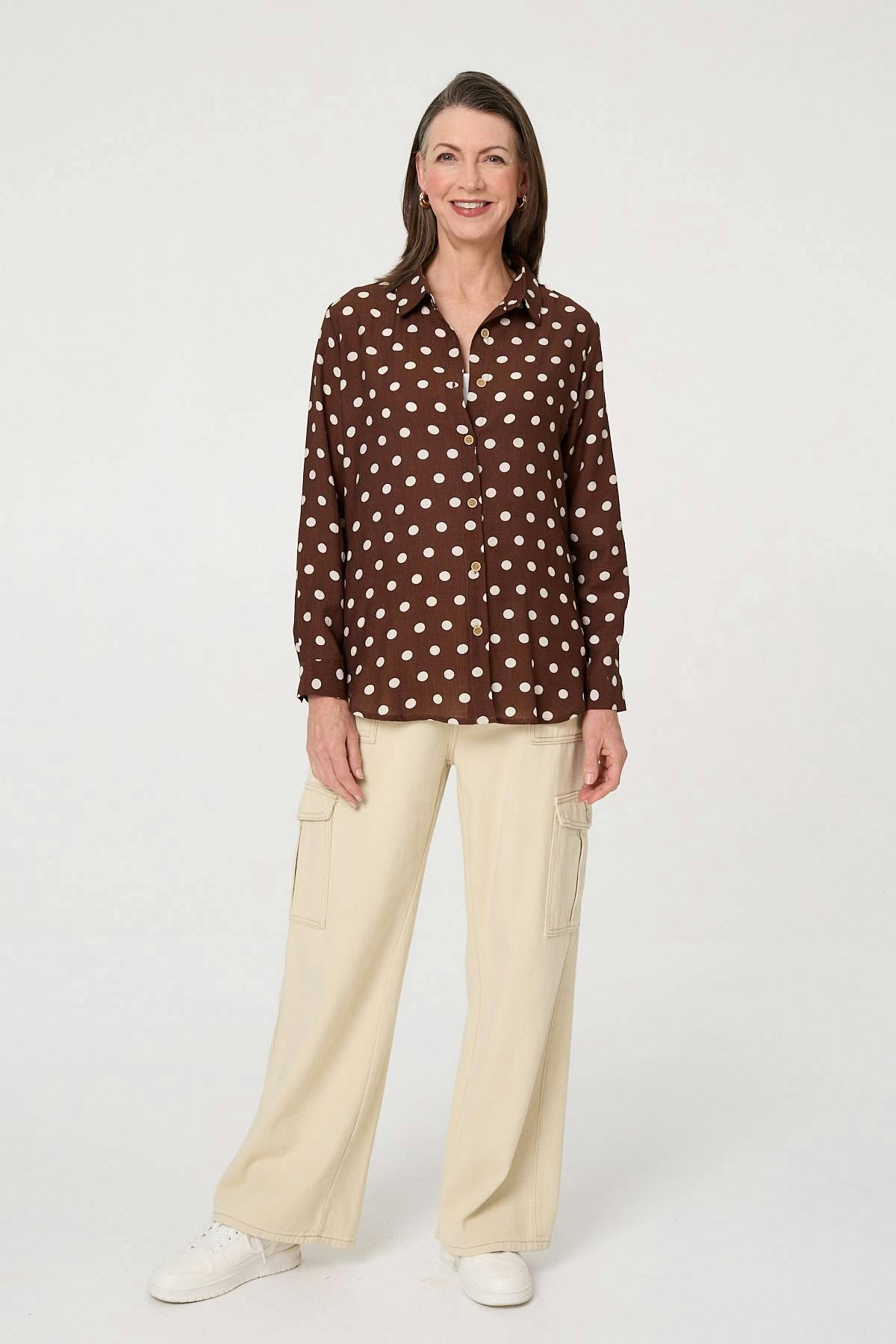 Izabel London Brown Polka Dot Print Long Sleeve Shirt - 8