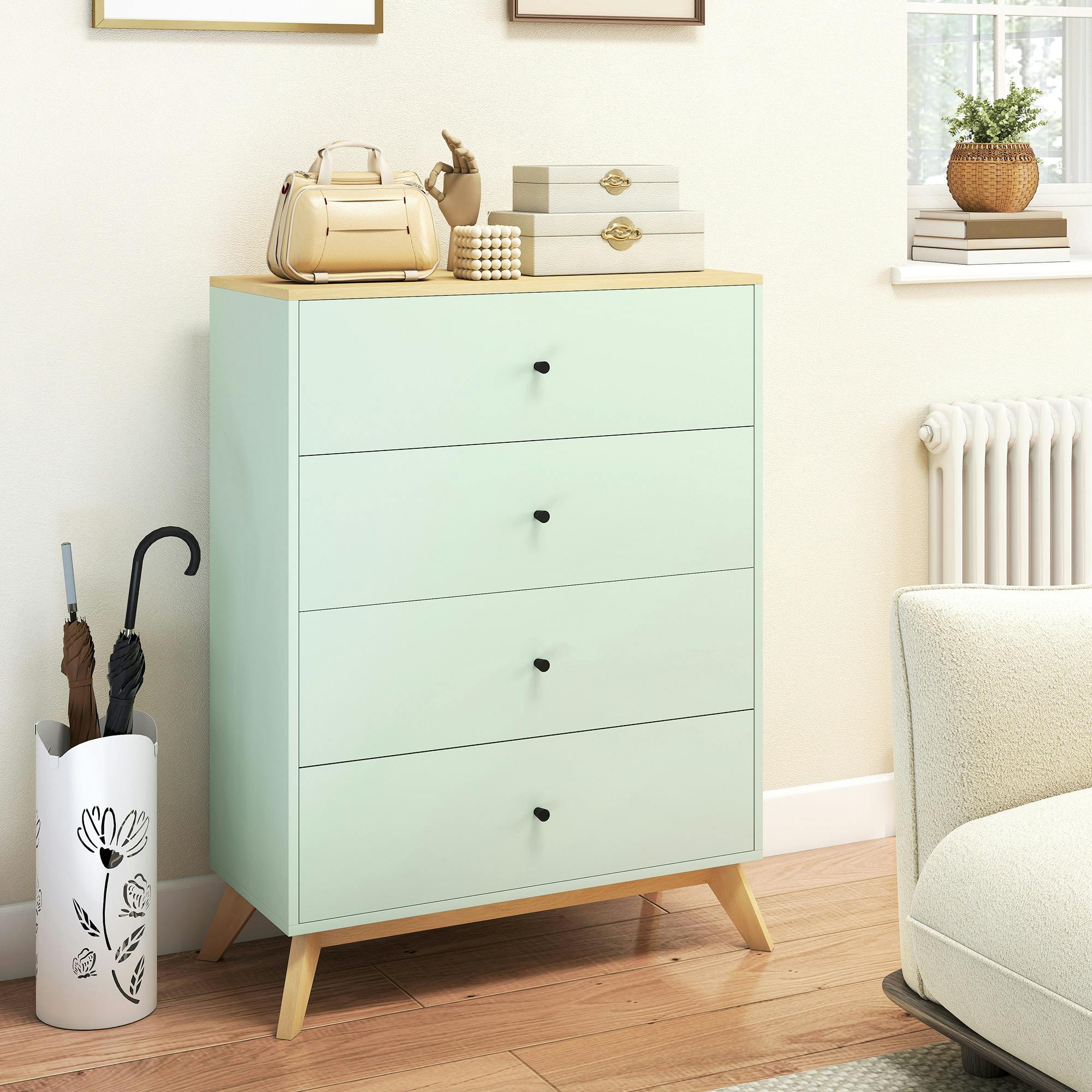 Rackhams Light/Green Chest Of Drawers, 4 Drawer Storage Cabinet, And Oak