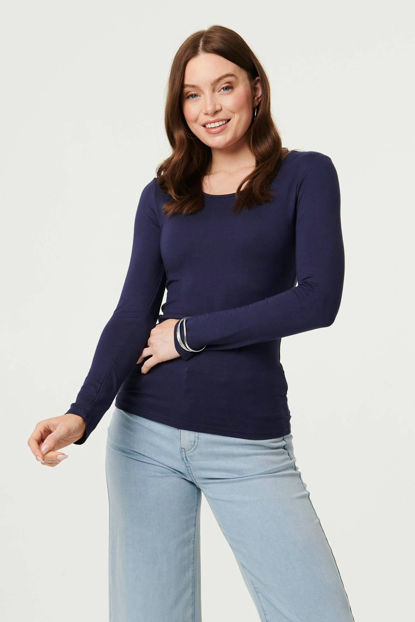 Izabel London Long Sleeve Slim Scoop Neck Top - 16 - Navy