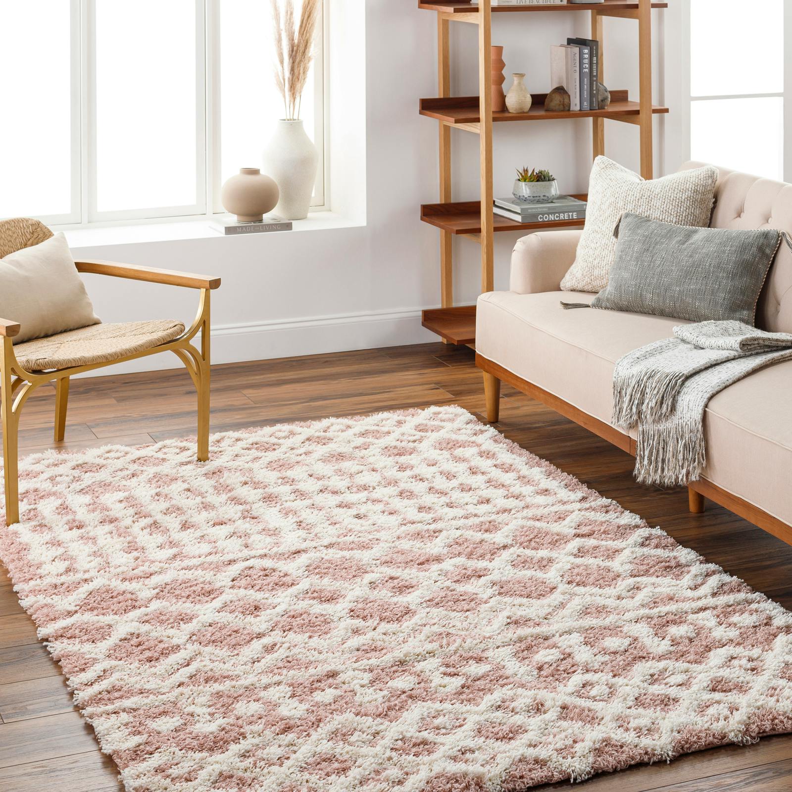 Photos - Area Rug Rackhams Urban Shag-Geometric Pink White Soft Plush Pile Rug - 200 x 290 cm