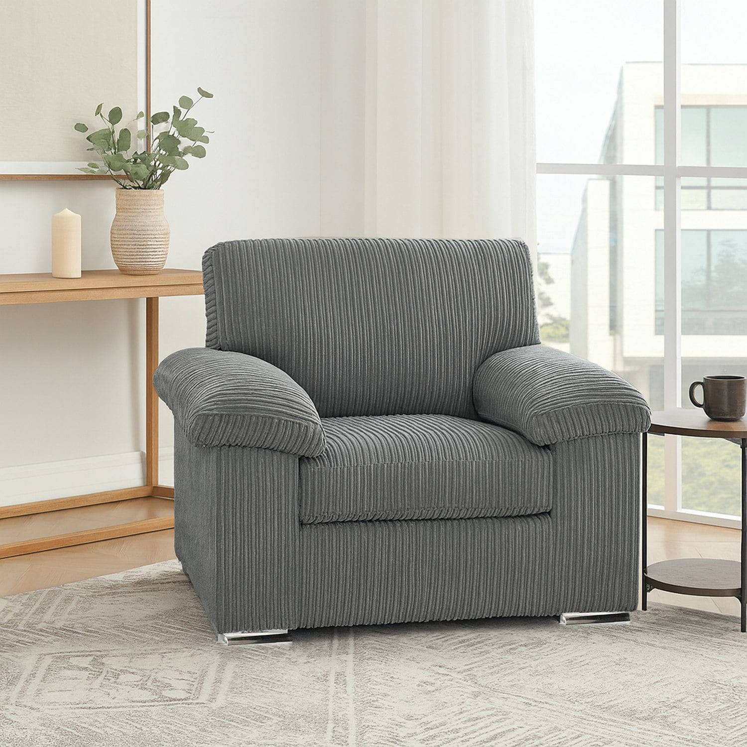 Furnishings For Less Grey Delta Full Jumbo Cord Single Seater Armchair
