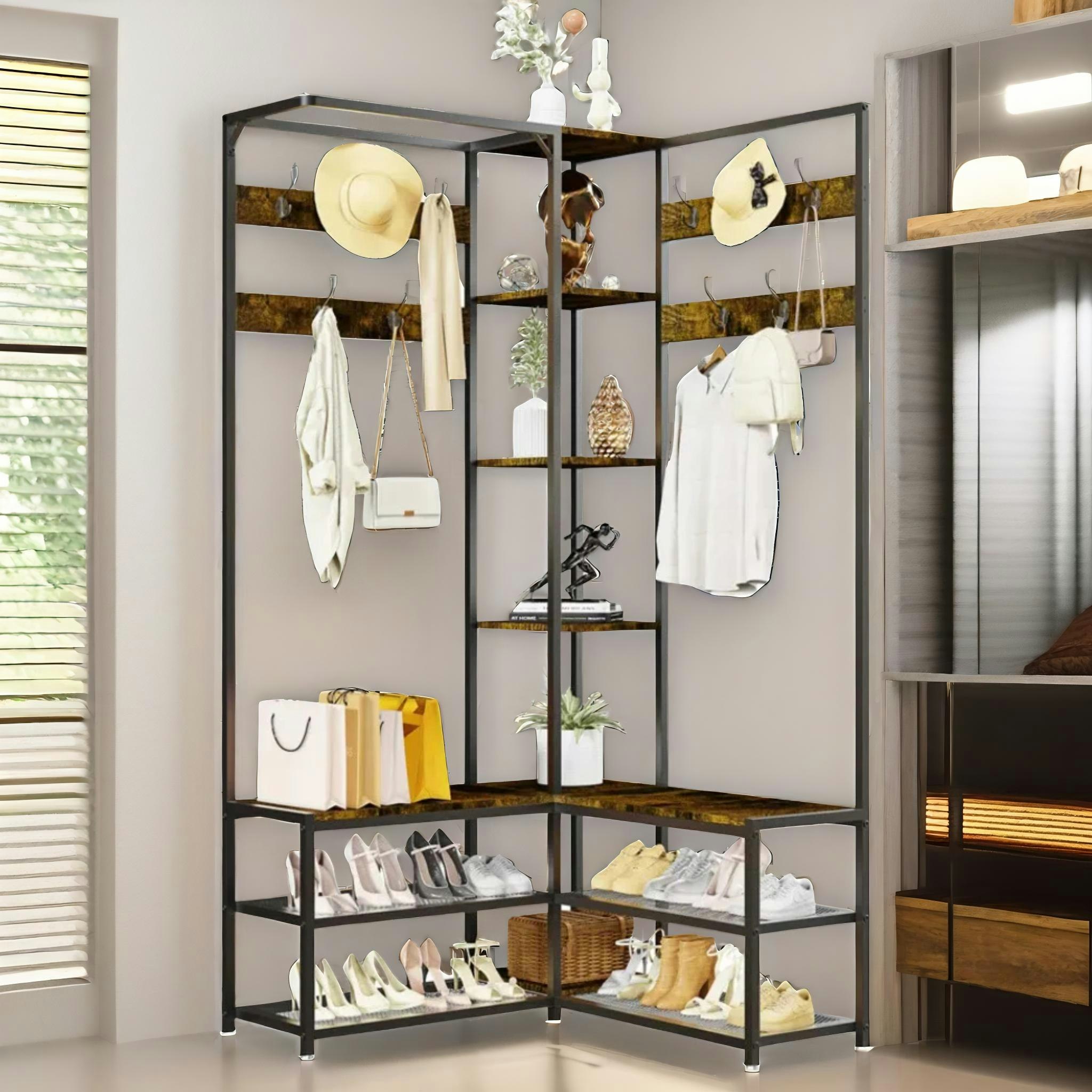 Rackhams Brown Adjustable Industrial Hall Tree Coat Rack Stand Rustic