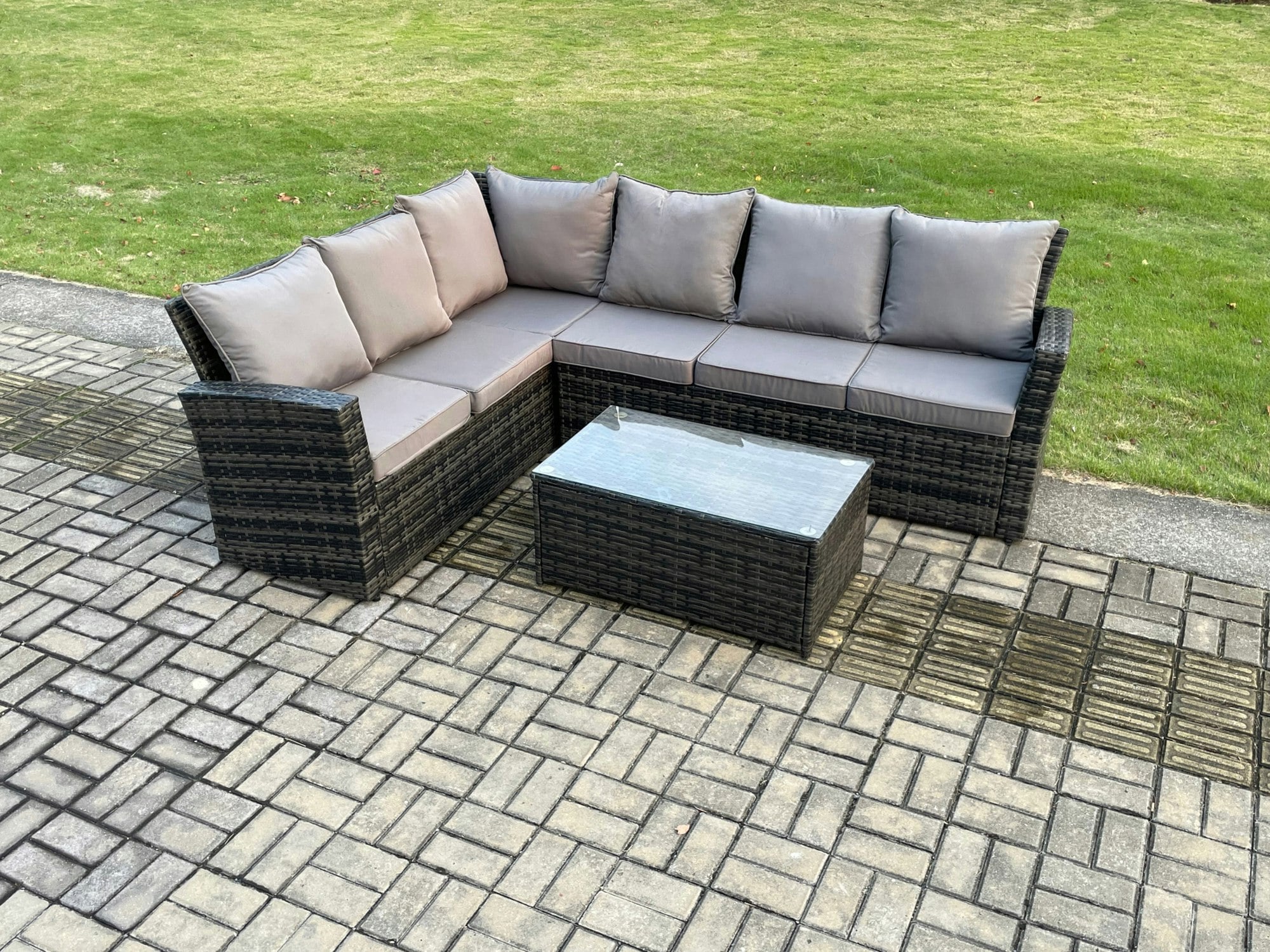 Fimous Dark/Grey 6 Seater High Back Rattan Garden Furniture Set Corner Sofa With Rectangular Coffee Table