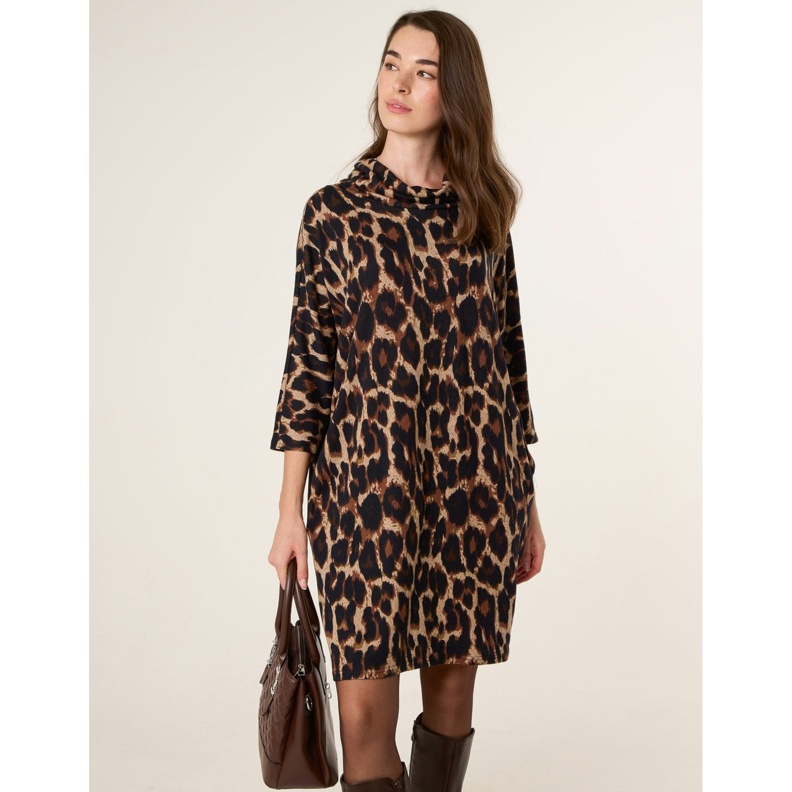 Blue Vanilla Blue/Brown Vanilla Leopard Print Draped Cowl Neck Tunic Dress - L-Xl