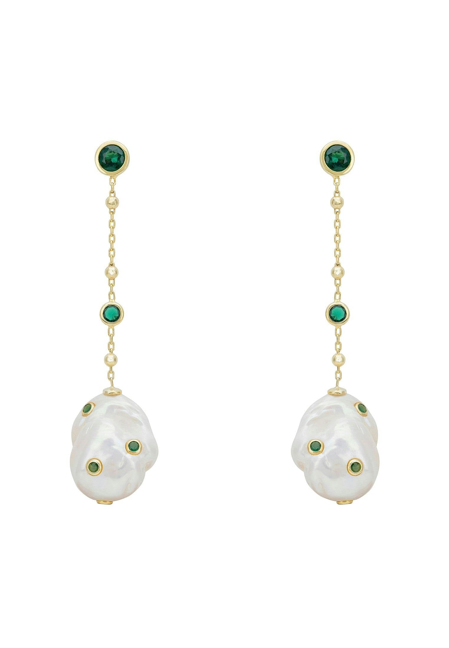 Latelita Gold Polka Dot Baroque Pearl Chain Drop Earrings Emerald