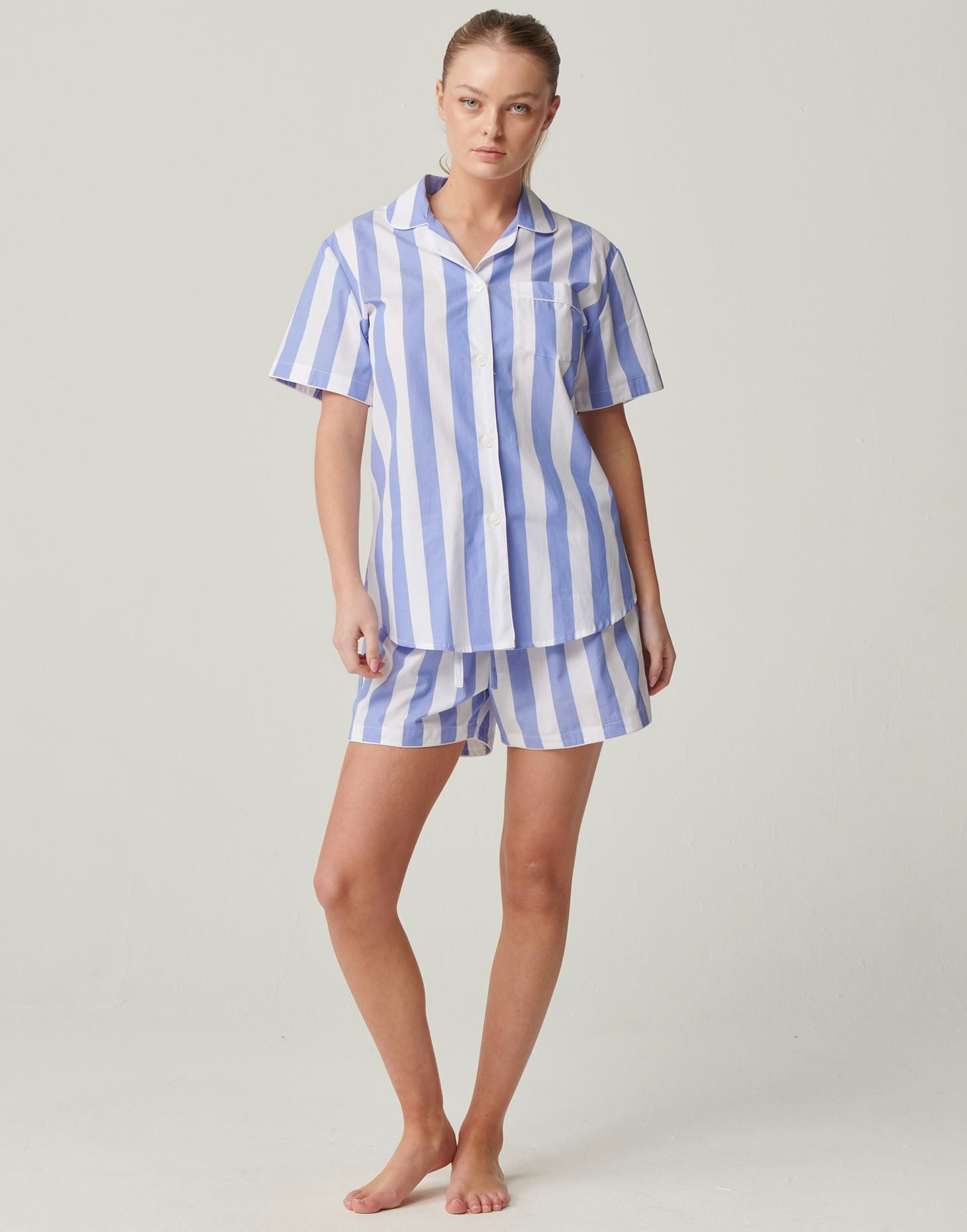 British Boxers Women's Blue Crisp Cotton Short Pyjama Set – Boat Stripe - X-Large