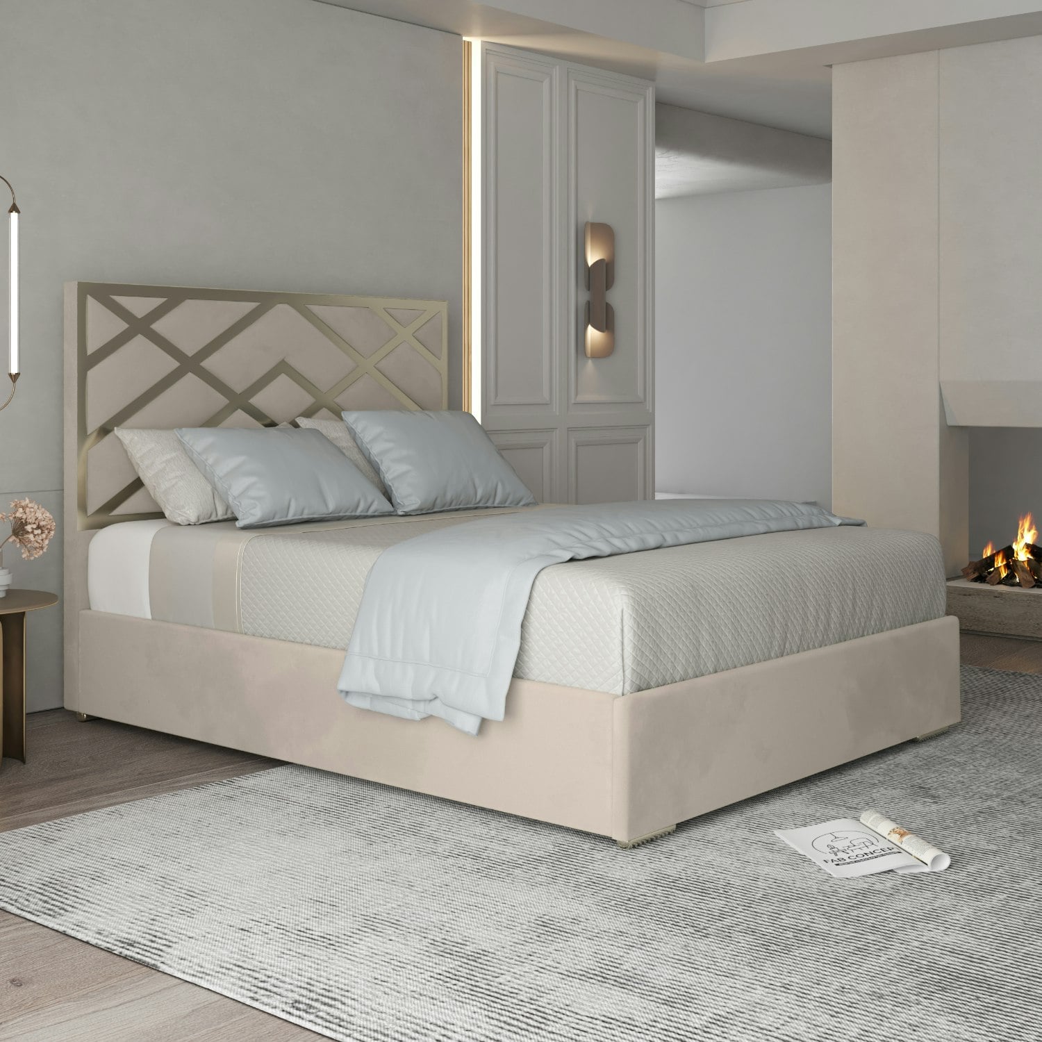Rackhams Cream/Silver Mayfair Upholstered Soft Velvet Metal Bed Frame - Double