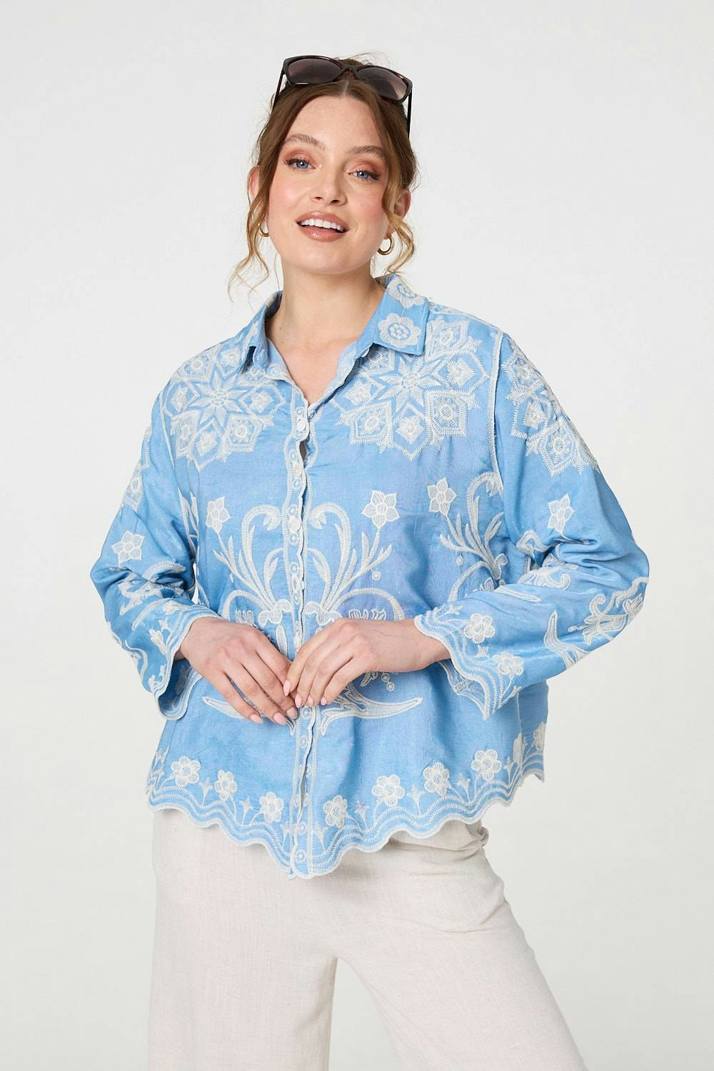 Izabel London Blue Embroidered Texture Scalloped Hem Shirt - S/M
