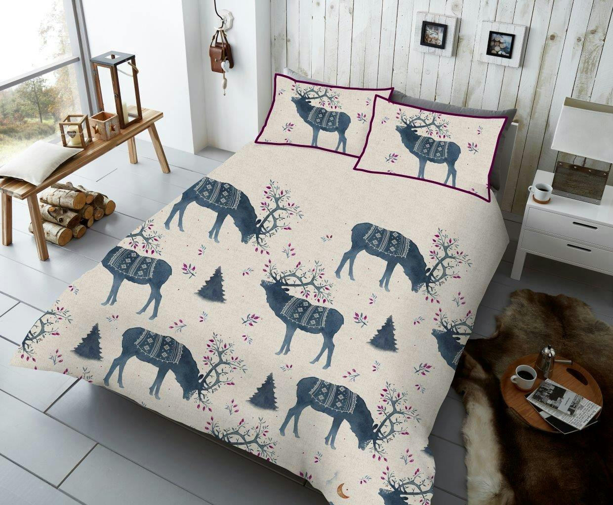 Rackhams Blue Winter Berry Stag Duvet Cover And Pillowcase Set - Double (200Cm X 200Cm)