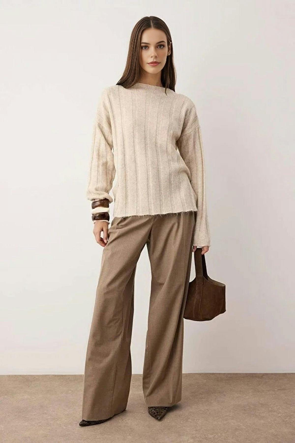 Wovcor Soft Textured Loose Fit Knit Sweater - Stone - M/L