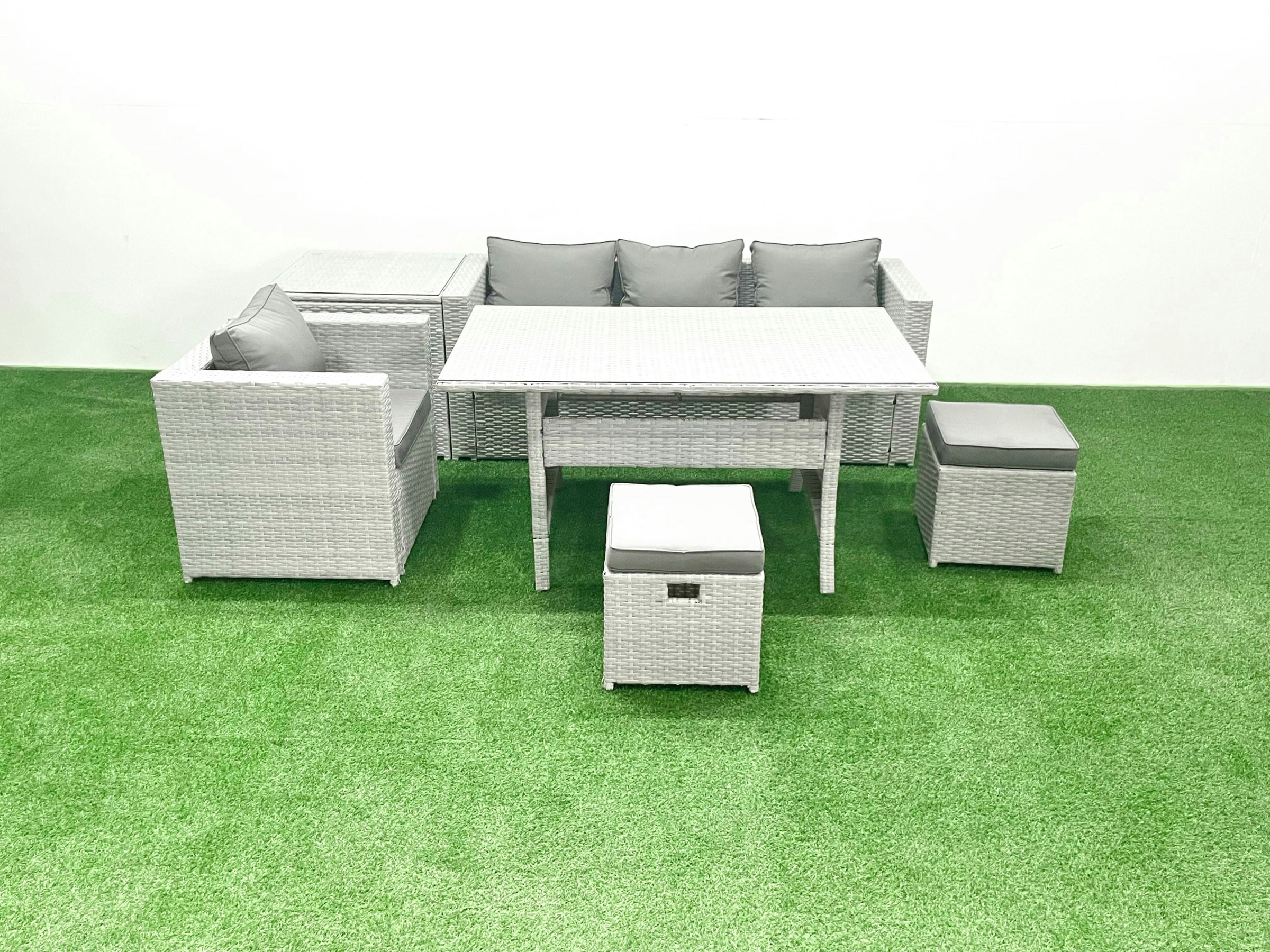 Fimous Light/Grey Rattan Garden Furniture Dining Set 6 Seater Lounge Sofa Chair Dining Table Set With 2 Small Footstools Side Table Mixed