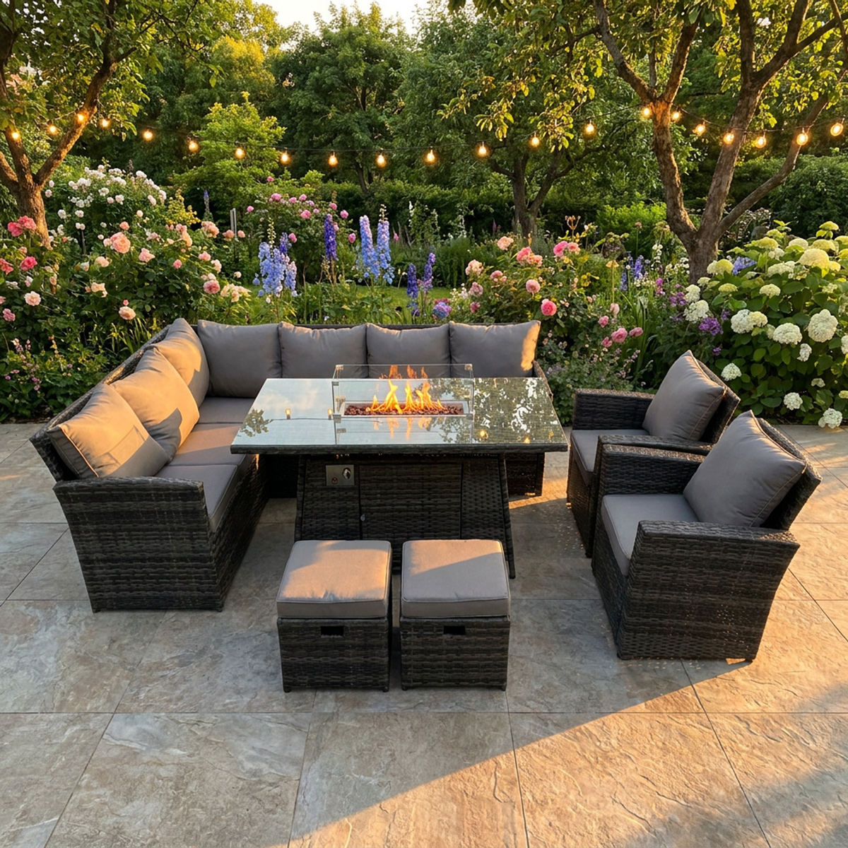 Rackhams Dark/Grey 10 Seater Rattan High Back Corner Sofa Dining Set With Gas Fire Pit Table, 2 Armchairs & 2 Footstools