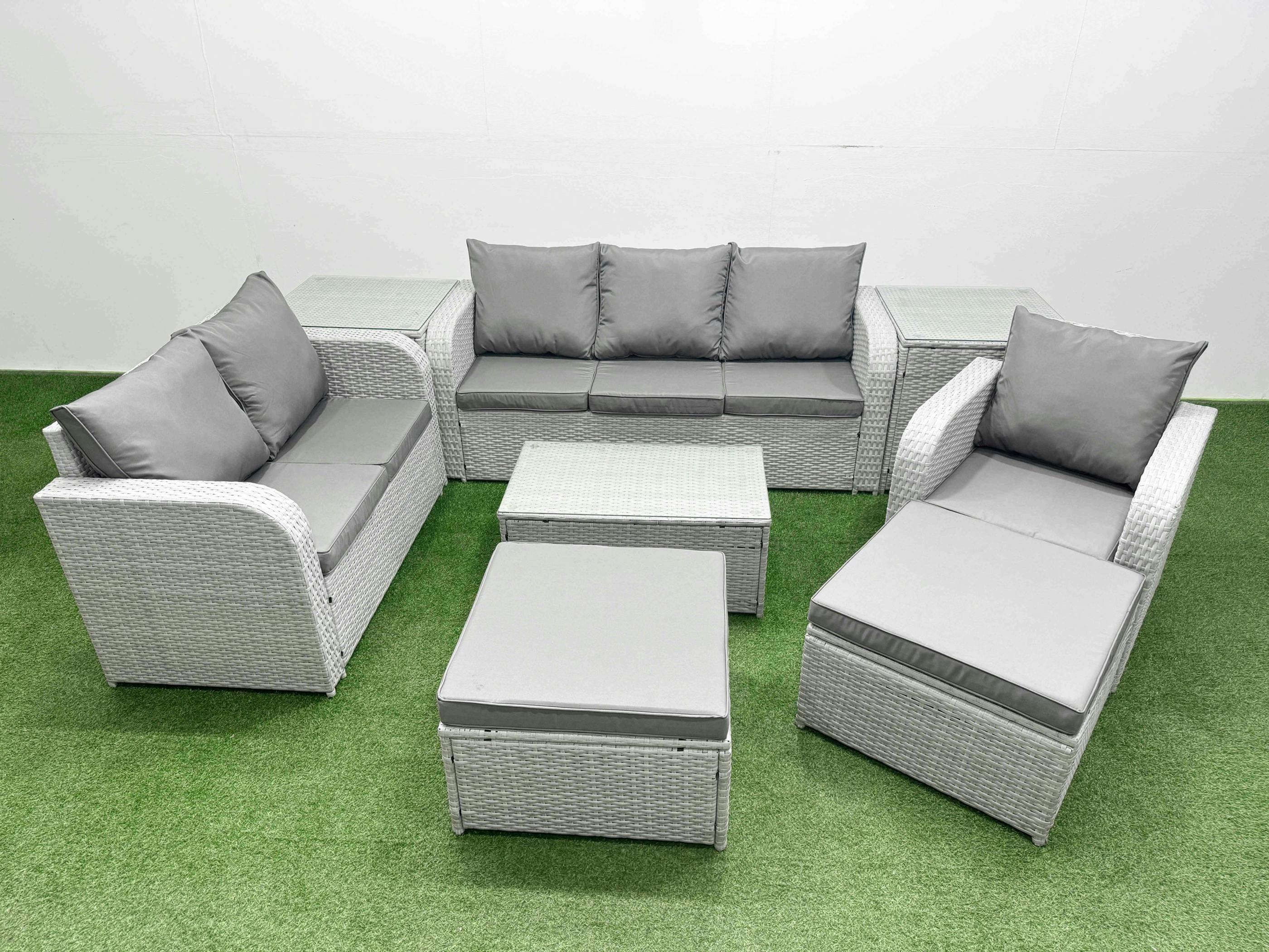 Rackhams Light/Grey 8 Seater Lounge Set, Pe Wicker Rattan, Coffee Table, Reclining Chair, Loveseat, 3 Seater Sofa, 2 Big Footstools And 2 Side Tables,