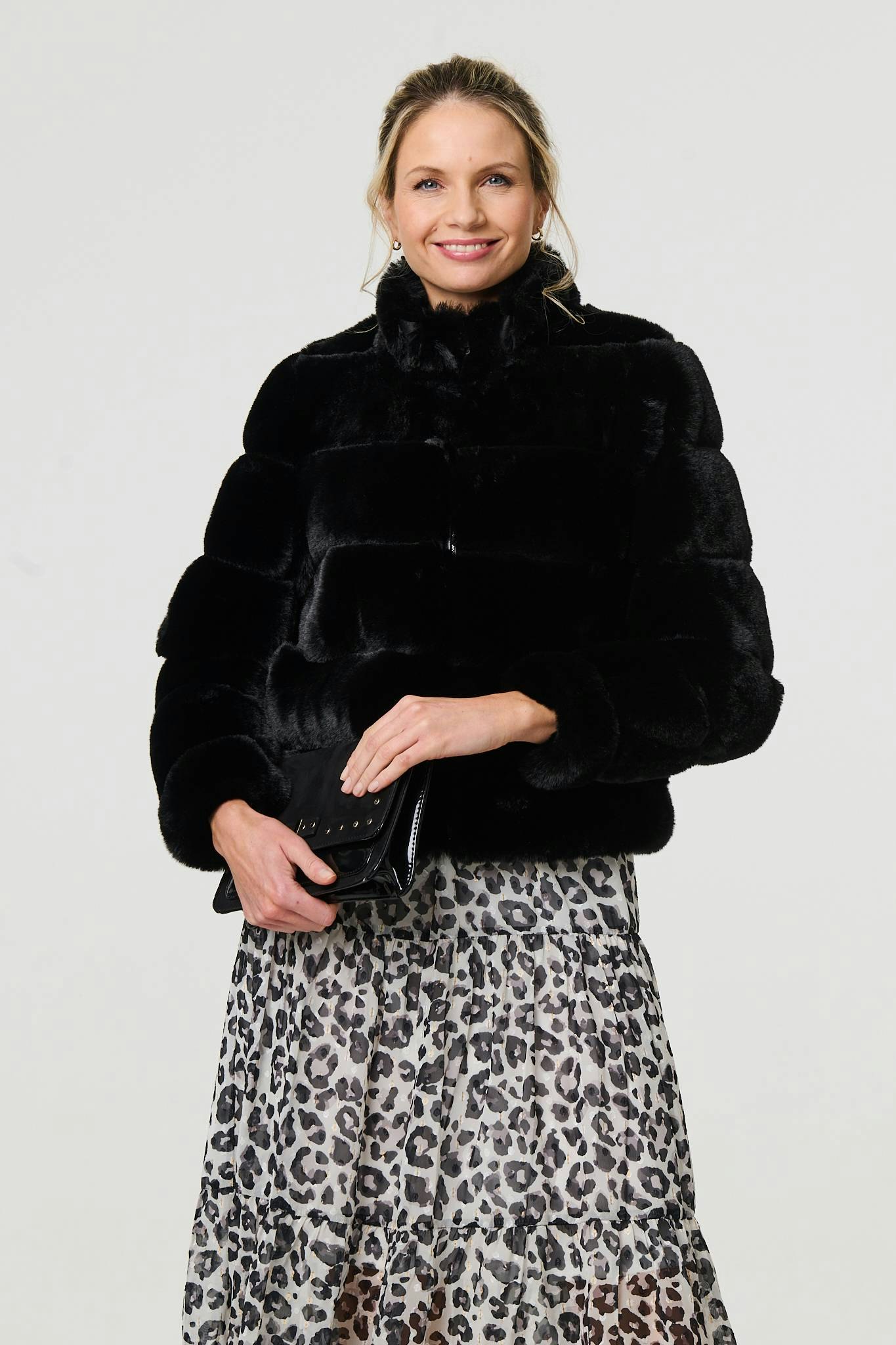 Izabel London Black Faux Fur High Neck Cropped Jacket - S
