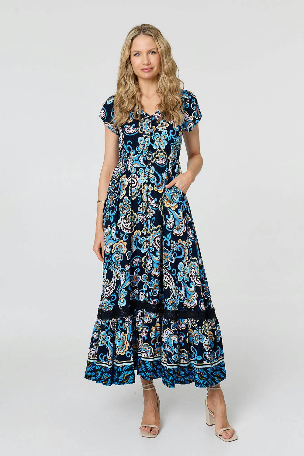 Izabel London Blue Floral Lace Trim Cap Sleeved Maxi Dress - 16