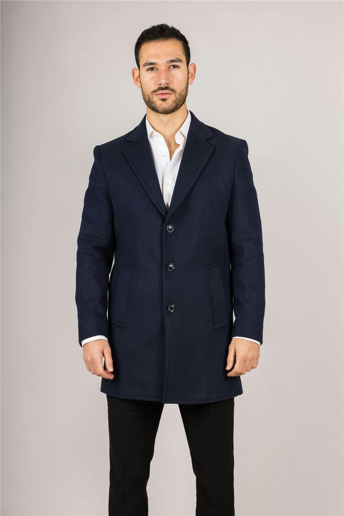 Infinity Leather Men's Notched Lapel Collar Wool Blend Navy Overcoat - Navy - 50