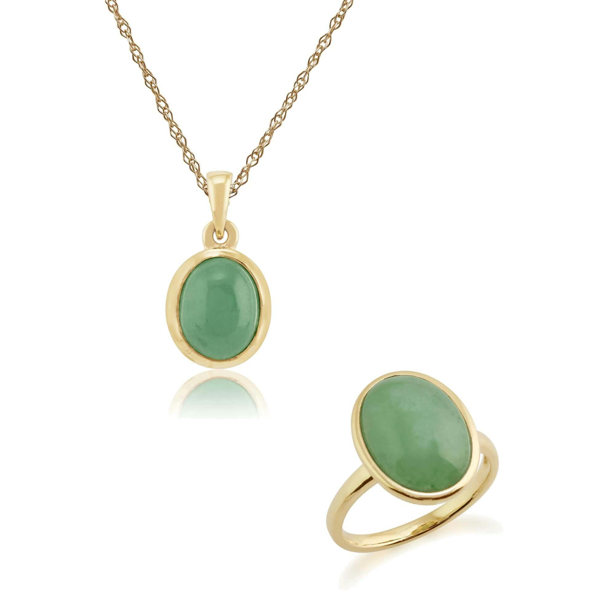 Gemondo Green/Yellow/Gold Classic Oval Dyed Jade Bezel Pendant & Cocktail Ring Set In 9Ct - P