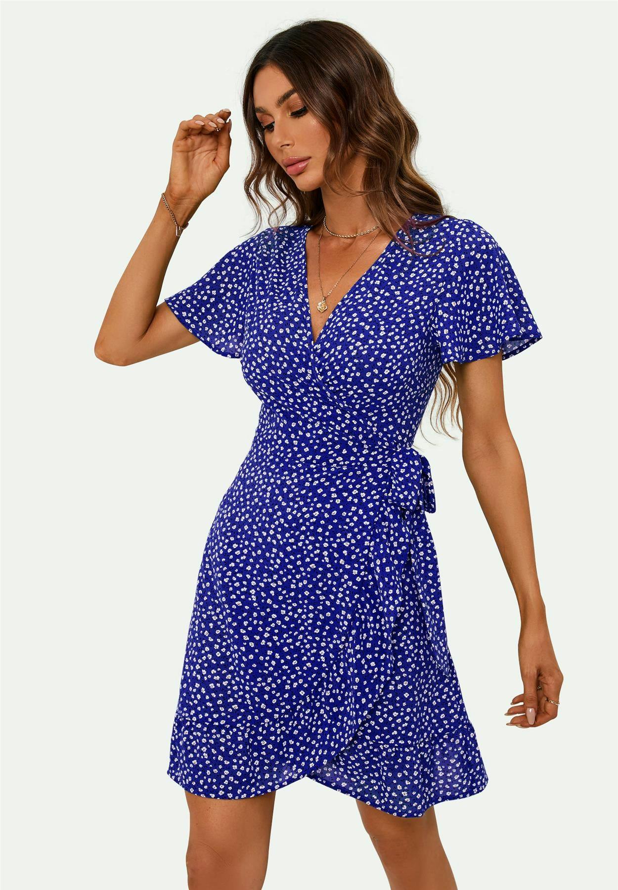 Fs Collection Blue Floral Print Mini Wrap Dress In - Xs