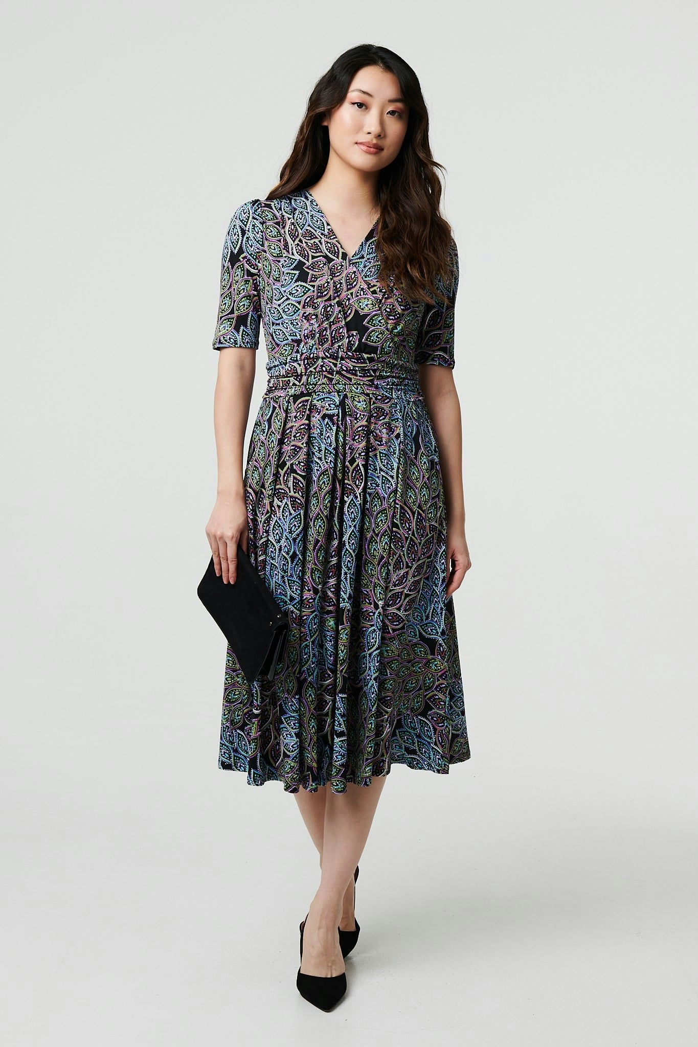 Izabel London Leaf Print 1/2 Sleeve Faux Wrap Midi Dress - Navy - 10