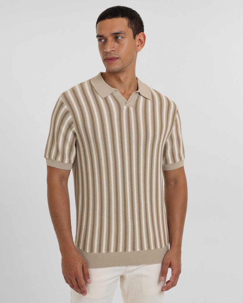 Steel & Jelly Blue Pimlico - Knitted Stripe Trophy Neck Polo Shirt - Stone - Xl