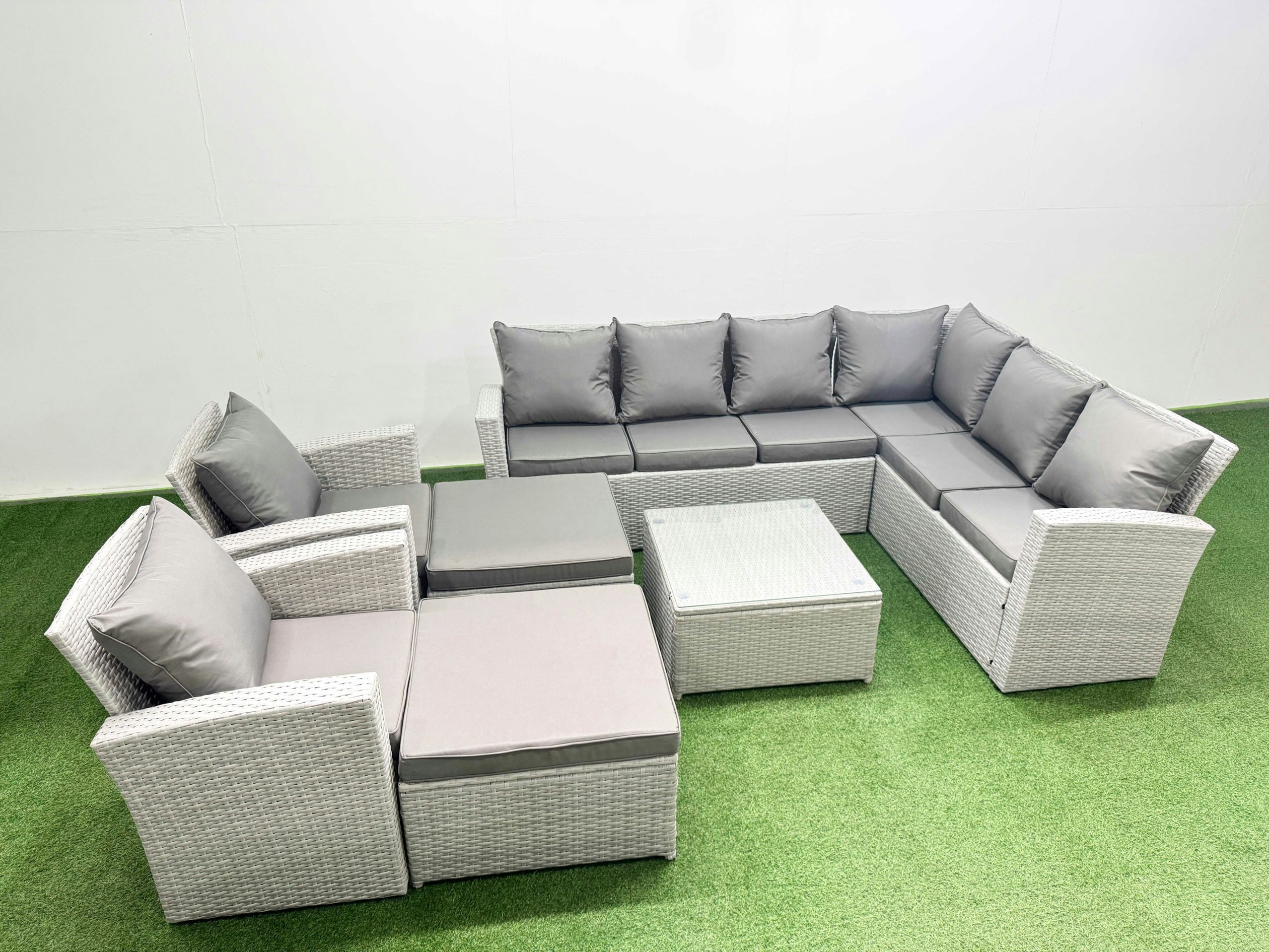 Rackhams Light/Grey Rattan Garden Outdoor Furniture Set 10 Seater Rattan Garden Sofa Set With 2 Armchairs 2 Big Footstools Mixed