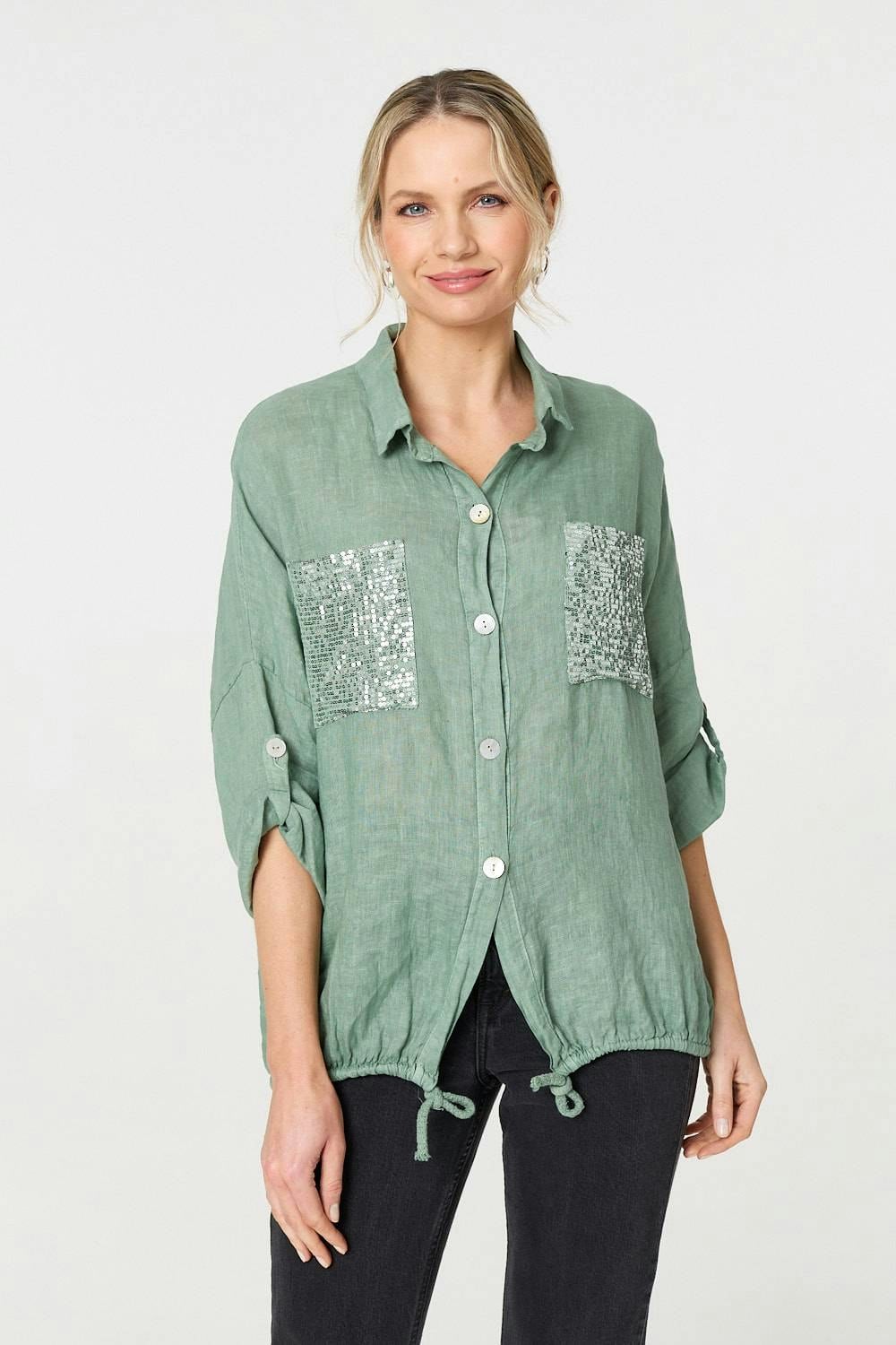 Izabel London Sequin Detail 3/4 Turn-Up Sleeve Shirt - Sage - 12