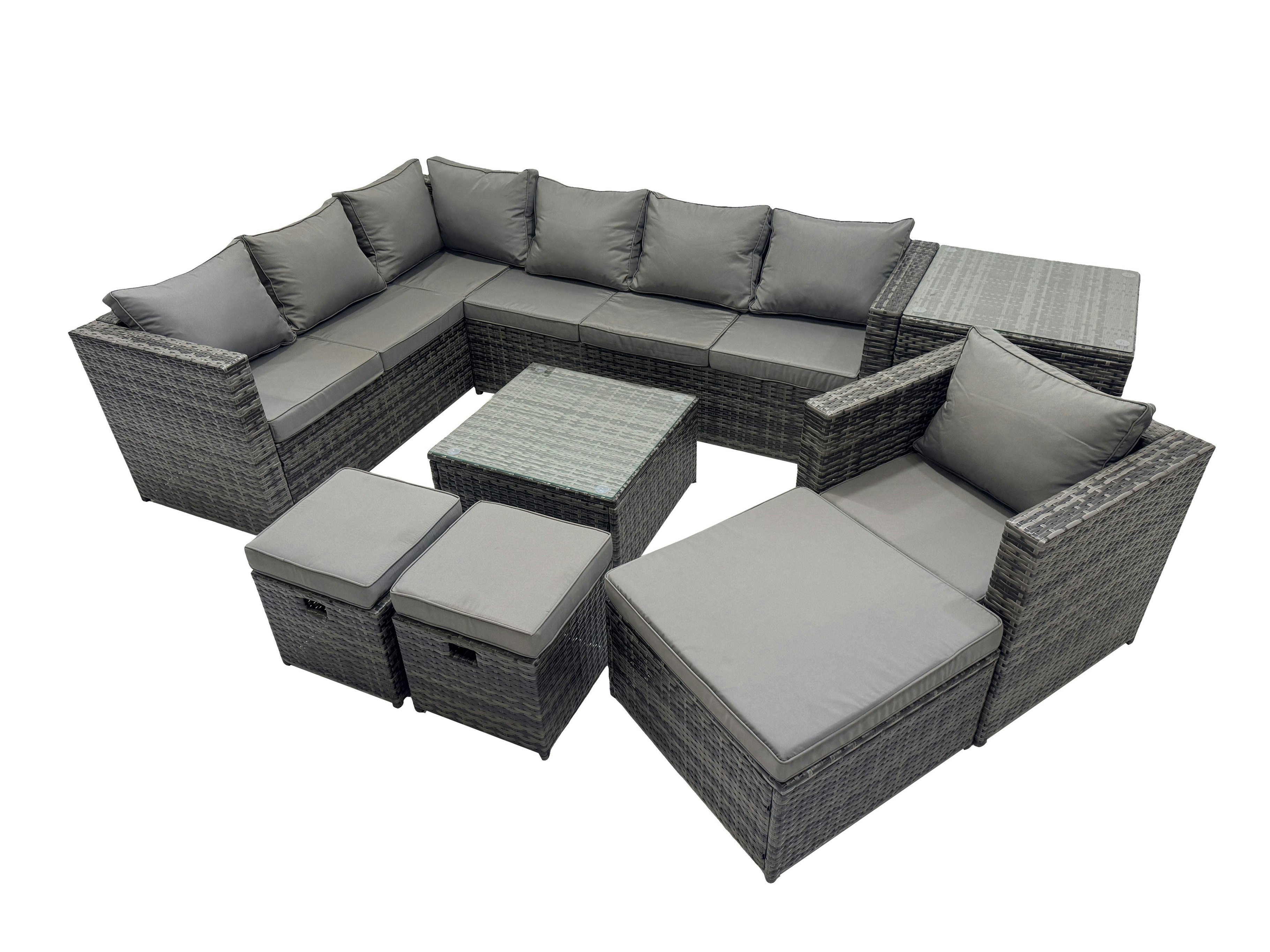 Rackhams Dark/Grey Rattan Garden Furniture Patio Furniture Sets With Corner Sofa Chair Square Coffee Table Side Table 3 Footstools Mixed
