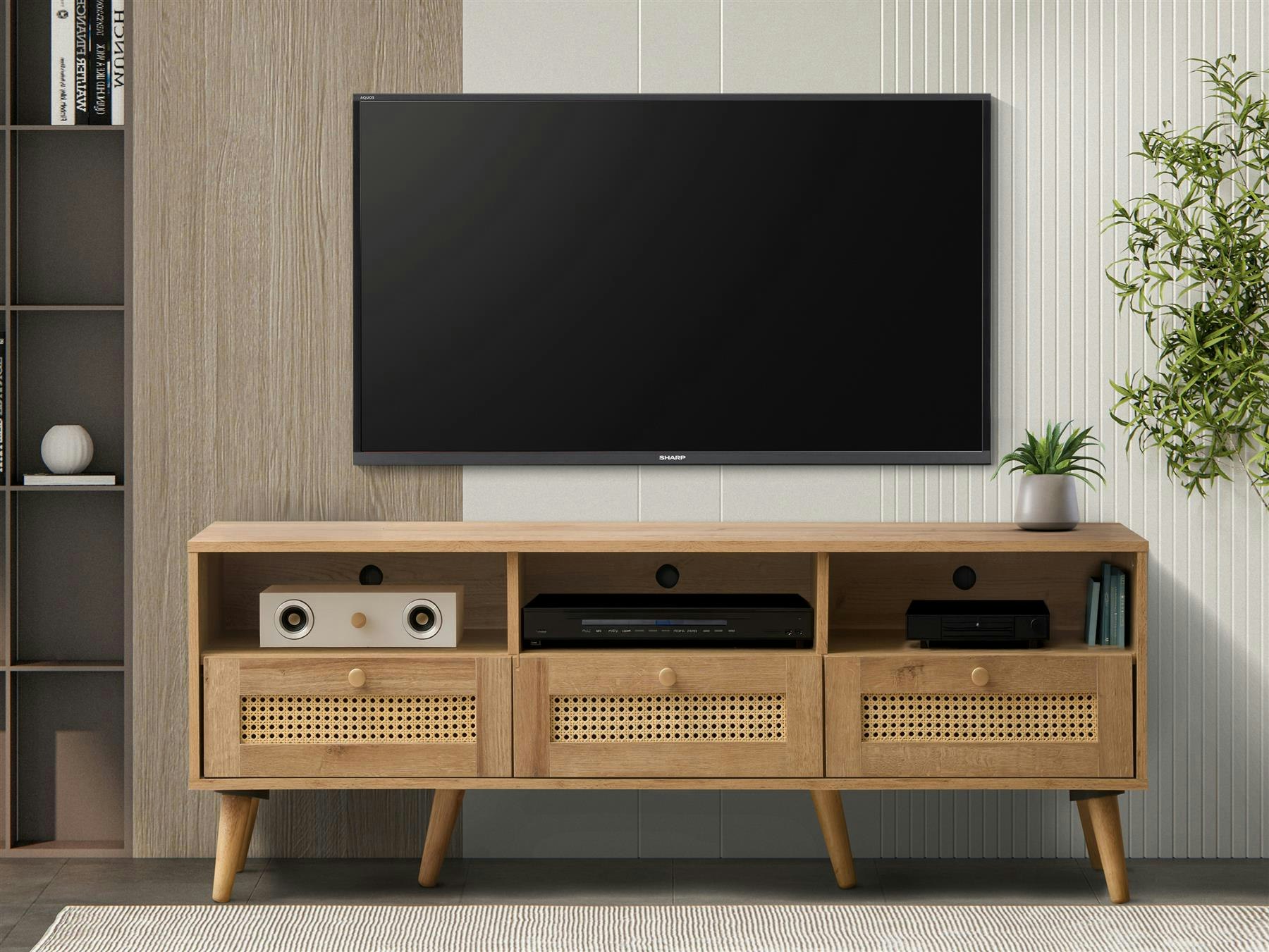 Rackhams Manila Rattan Drawer Tv Unit - Oak And Pvc Rattan Size 3