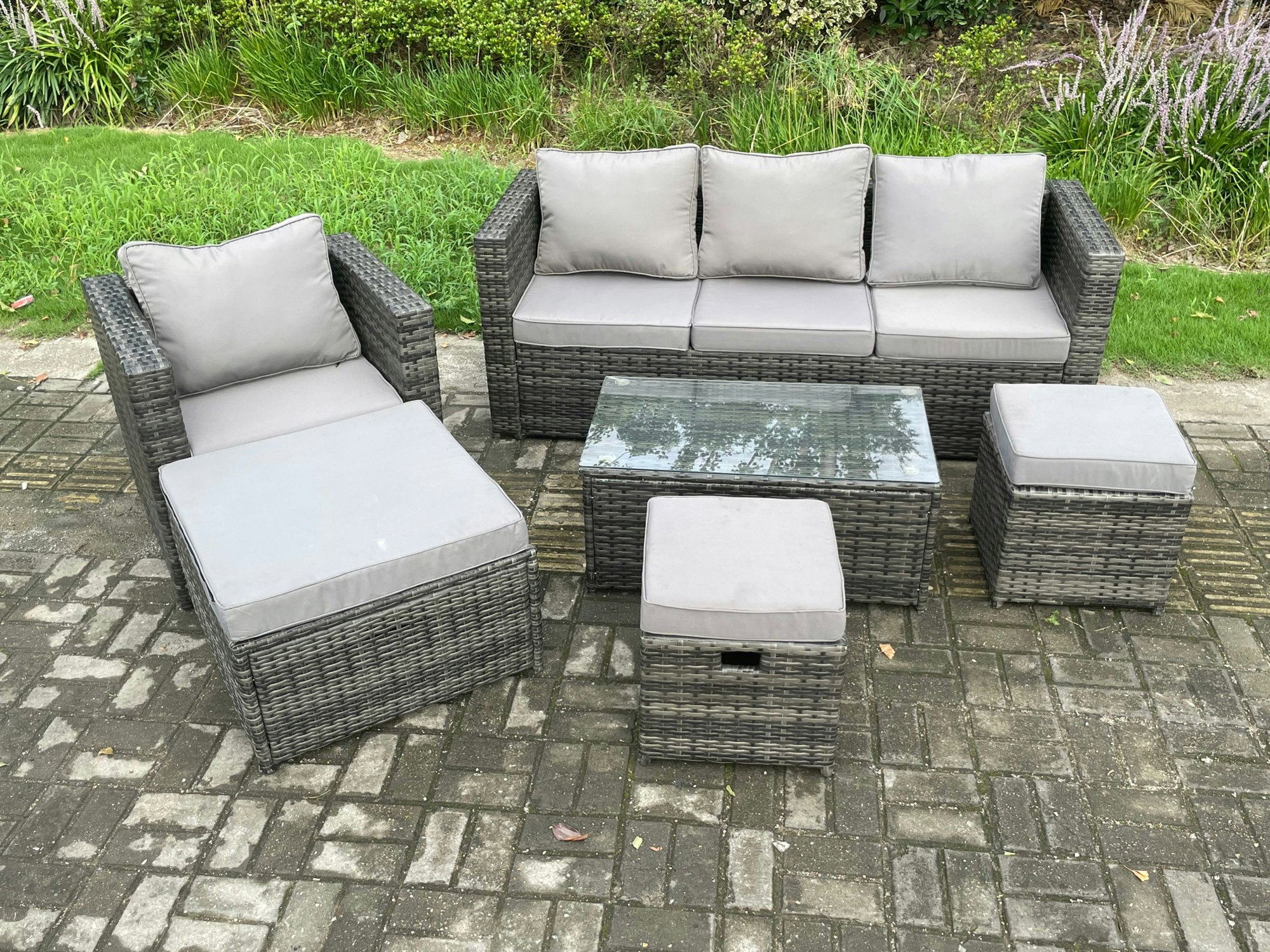 Fimous Dark/Grey Rattan Garden Furniture Set With 3 Seater Sofa Coffee Table Armchair 3 Footstools Indoor Outdoor Patio Lounge Sofa Set Mixed