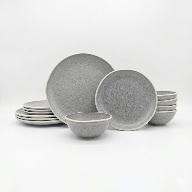 Glim & Glam Grey Reactive Stoneware Dinnerware Set Nordic Pebble Plates Bowls 12Pc Set