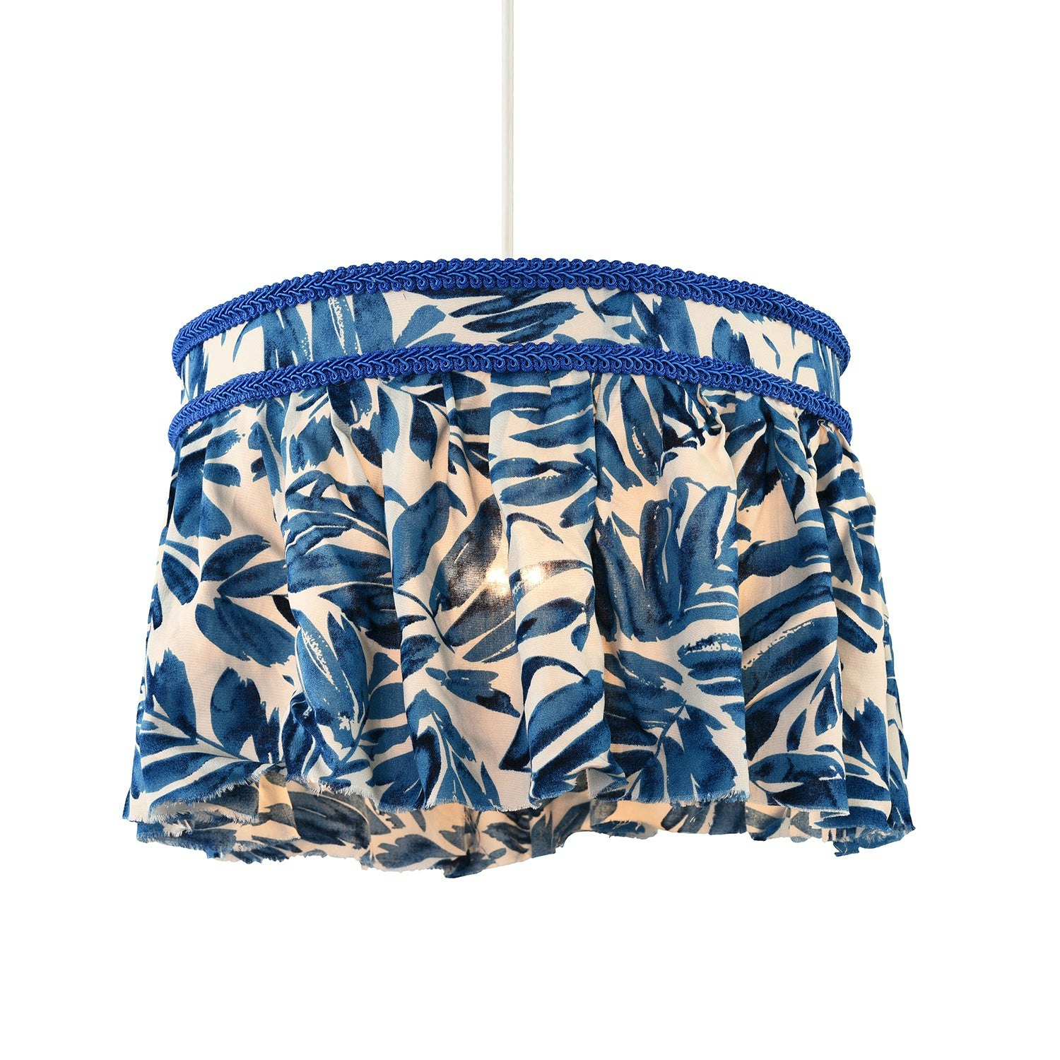 Happy Homewares Blue Hanging Cotton Pendant Shade With Print And Embroidered Trims 23Cm
