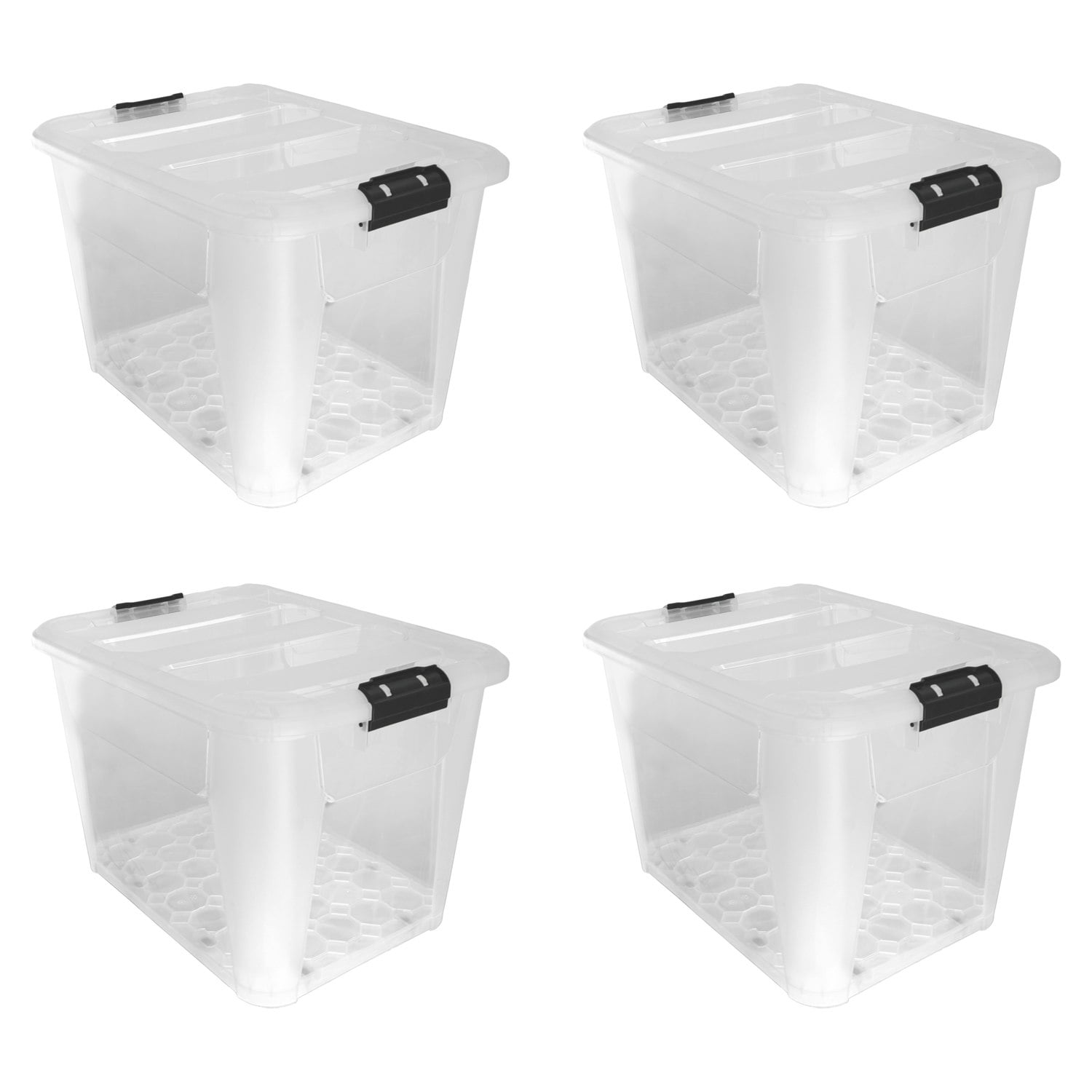 Rackhams Plastic Secure Clip Lidded Storage Box With Wheels, Stackable & Nestable, Clear, Set Of 4, 60L - 1