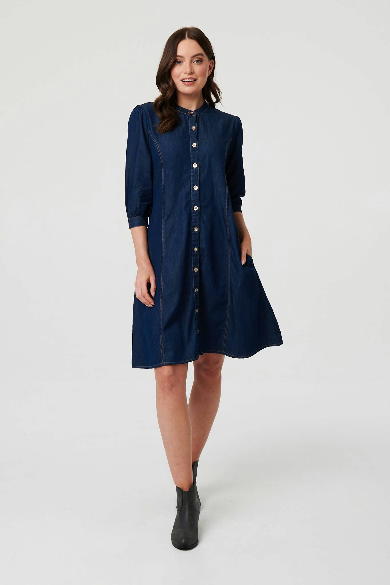 Izabel London Blue Collarless Knee Length Shirt Dress - 10