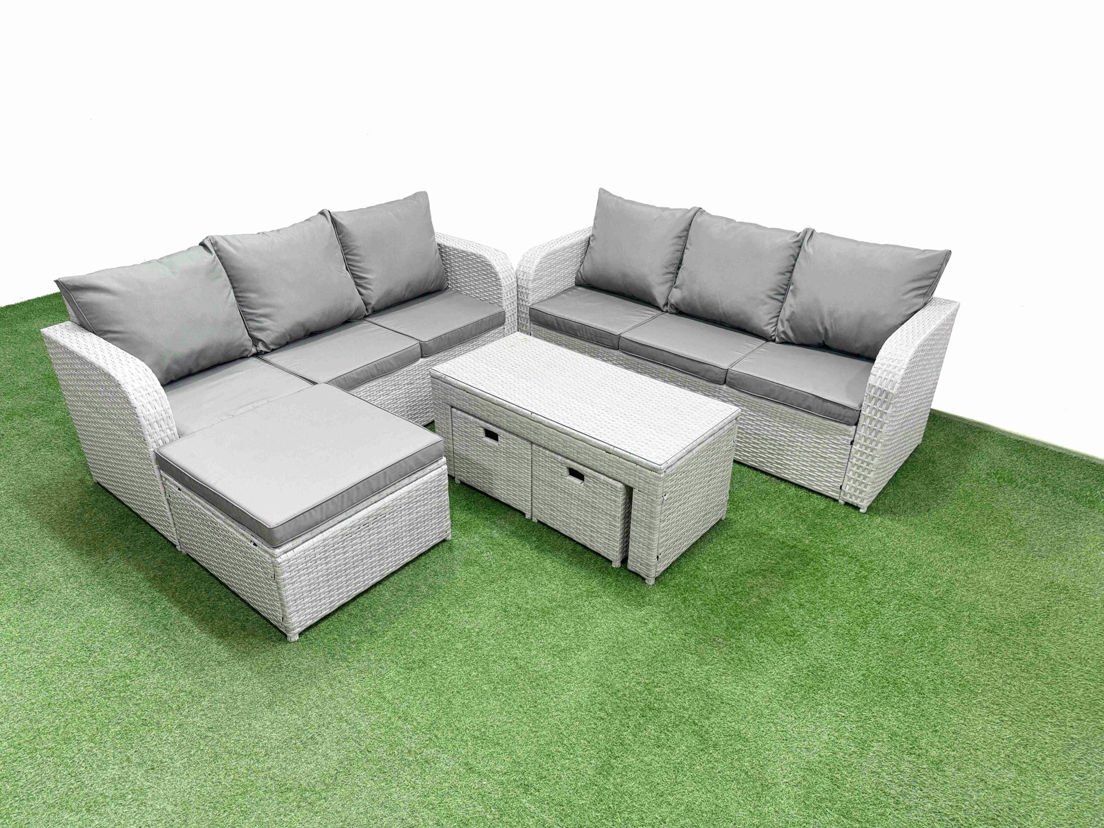 Fimous Light/Grey Outdoor Garden Furniture Sets 9 Seater Wicker Rattan Furniture Sofa Sets With Oblong Coffee Table High Back Lounge Sofa 3 Stools