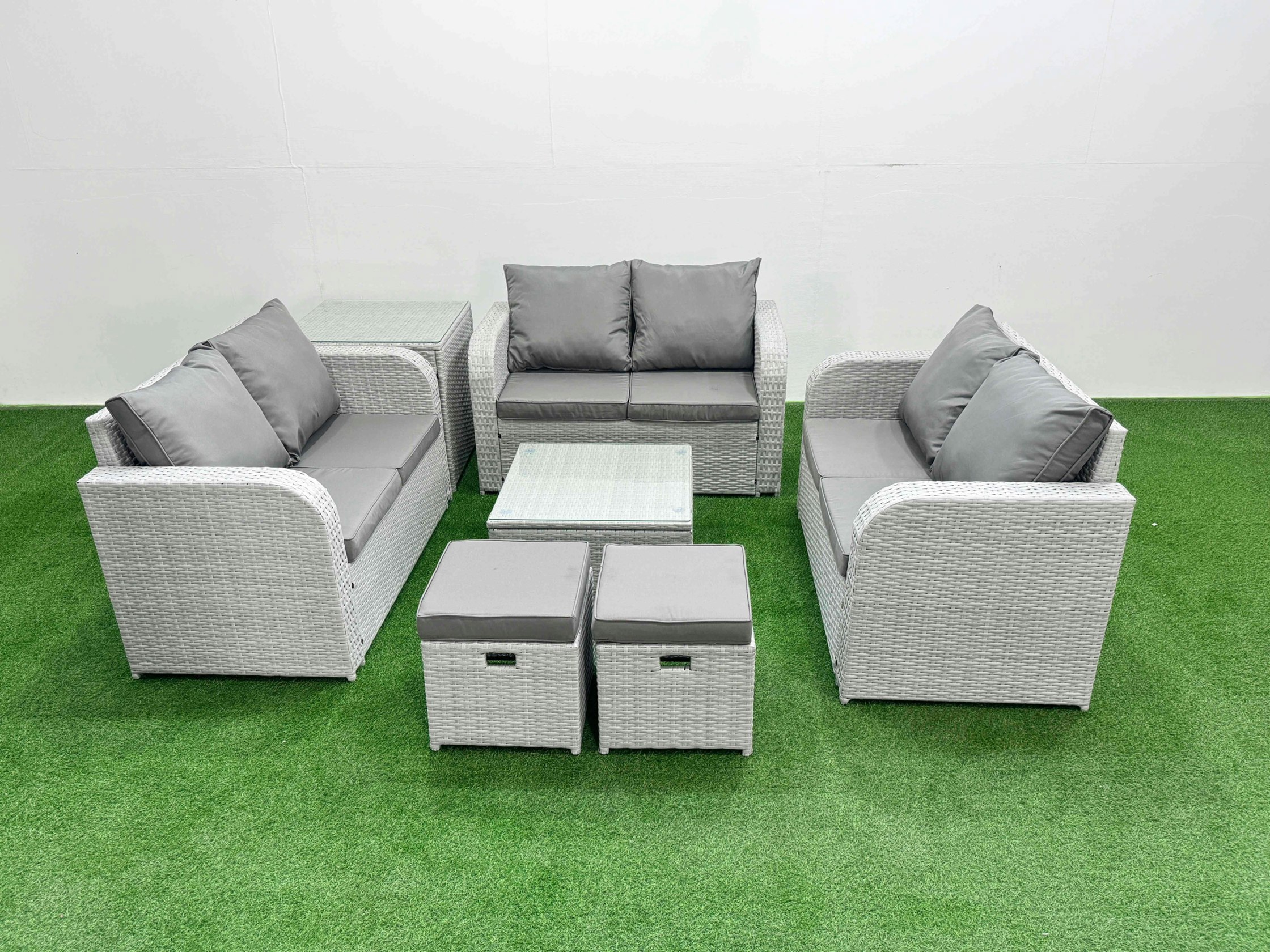 Fimous Light/Grey 8 Seater Pe Wicker Rattan Furniture Sofa Sets With Square Coffee Table 2 Seater Love Sofa 2 Stool Side Table